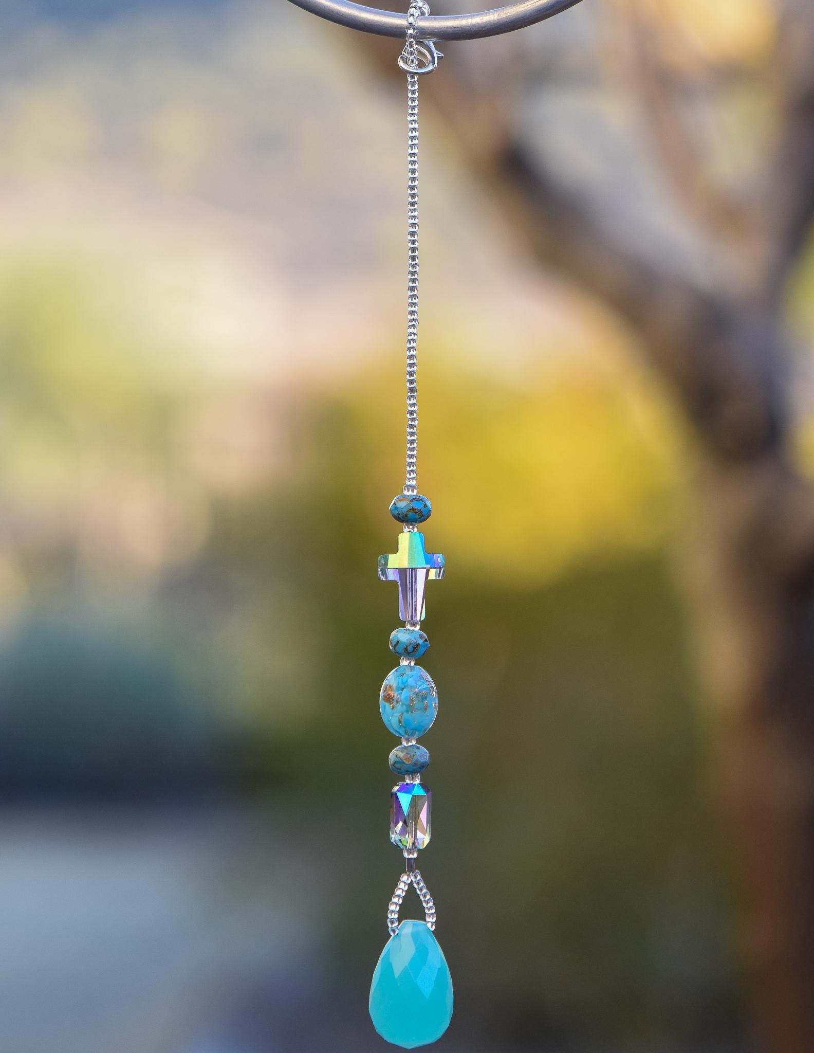 Small Aqua Blue Sun Catcher with Paradise Shine Cross and Stone Pendant - Add Sparkle to your Window or Garden - Christian Spiritual Gift