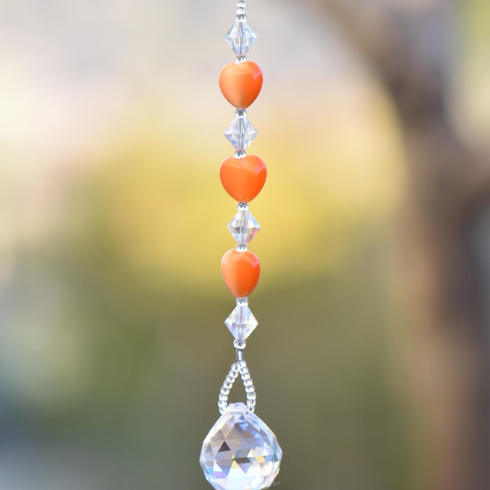 Small Glass Sun Catcher with Little Orange Hearts - Brighten Someone's Day with this Small Gift