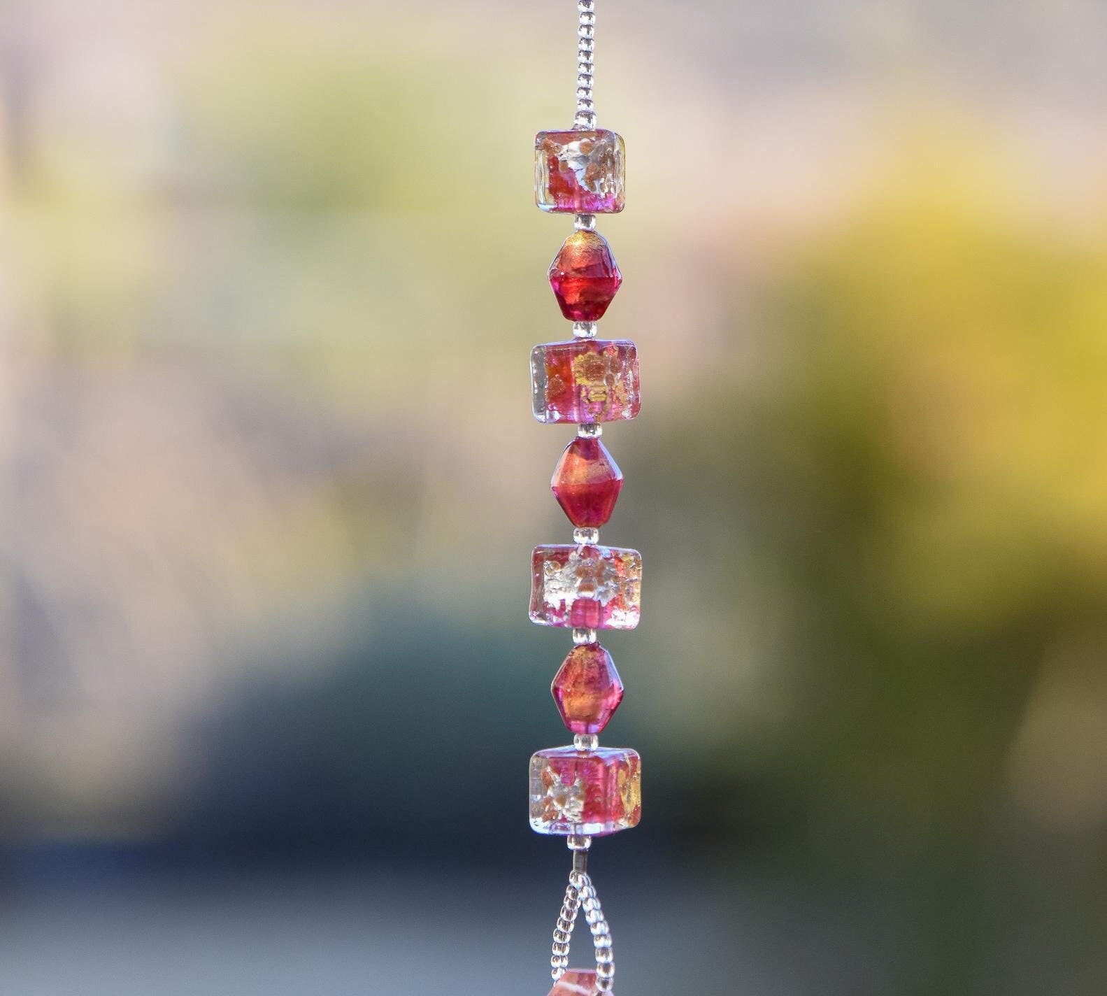 Small Murano Glass Sun Catcher in Rubino Pink with Stone Pendant - Elegant Luxury Gift - Window Decor