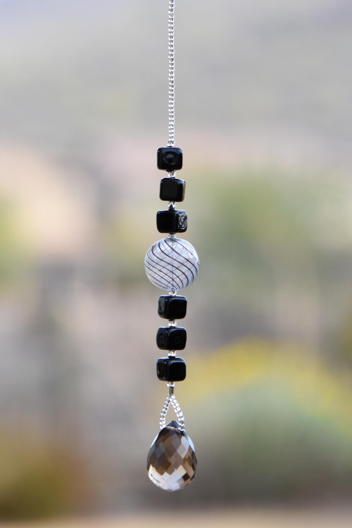 Small Black Murano Glass Sun Catcher with Smoky Quartz Pendant – Hanging Window or Garden Décor – Unique Small Gift