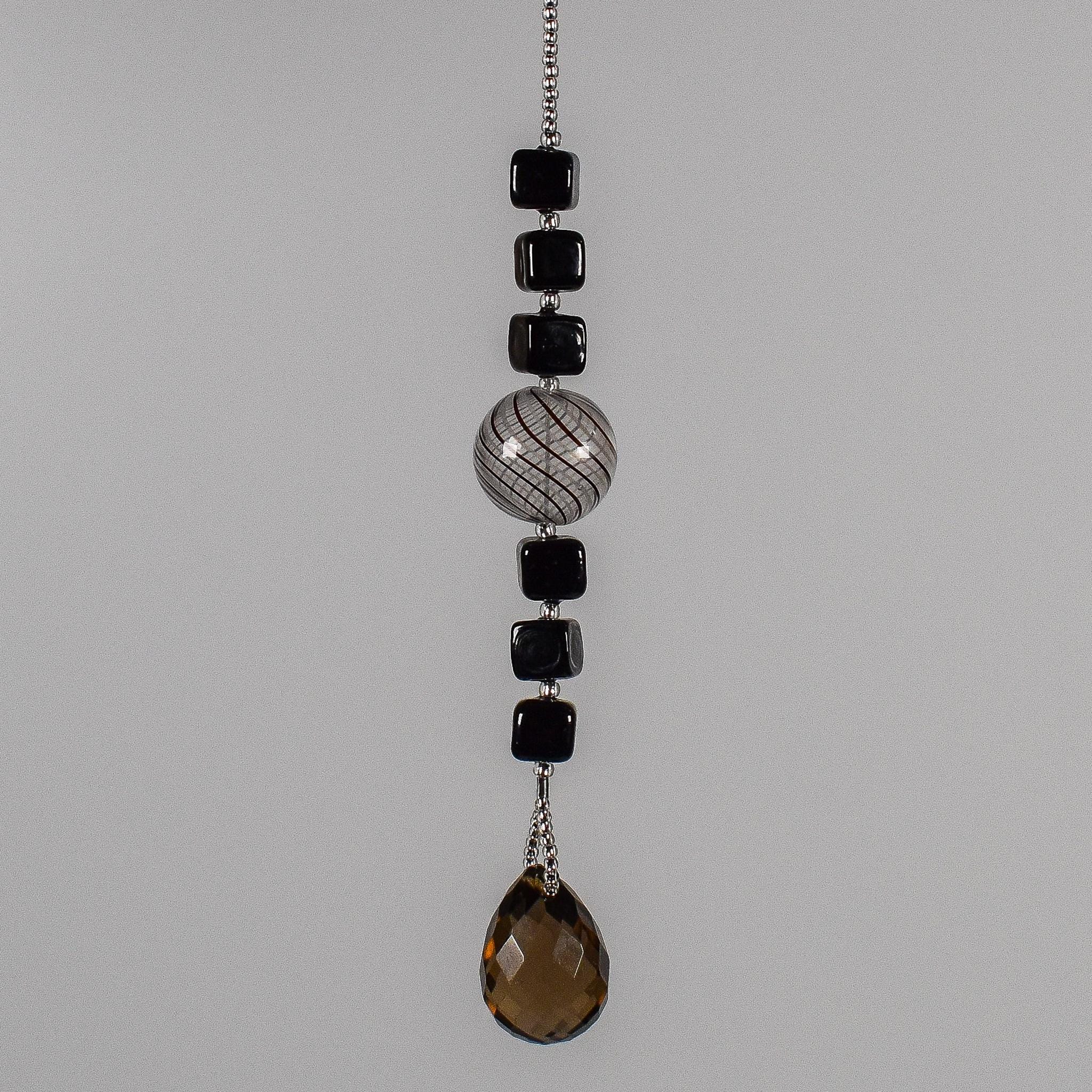 Small Black Murano Glass Sun Catcher with Smoky Quartz Pendant – Hanging Window or Garden Décor – Unique Small Gift