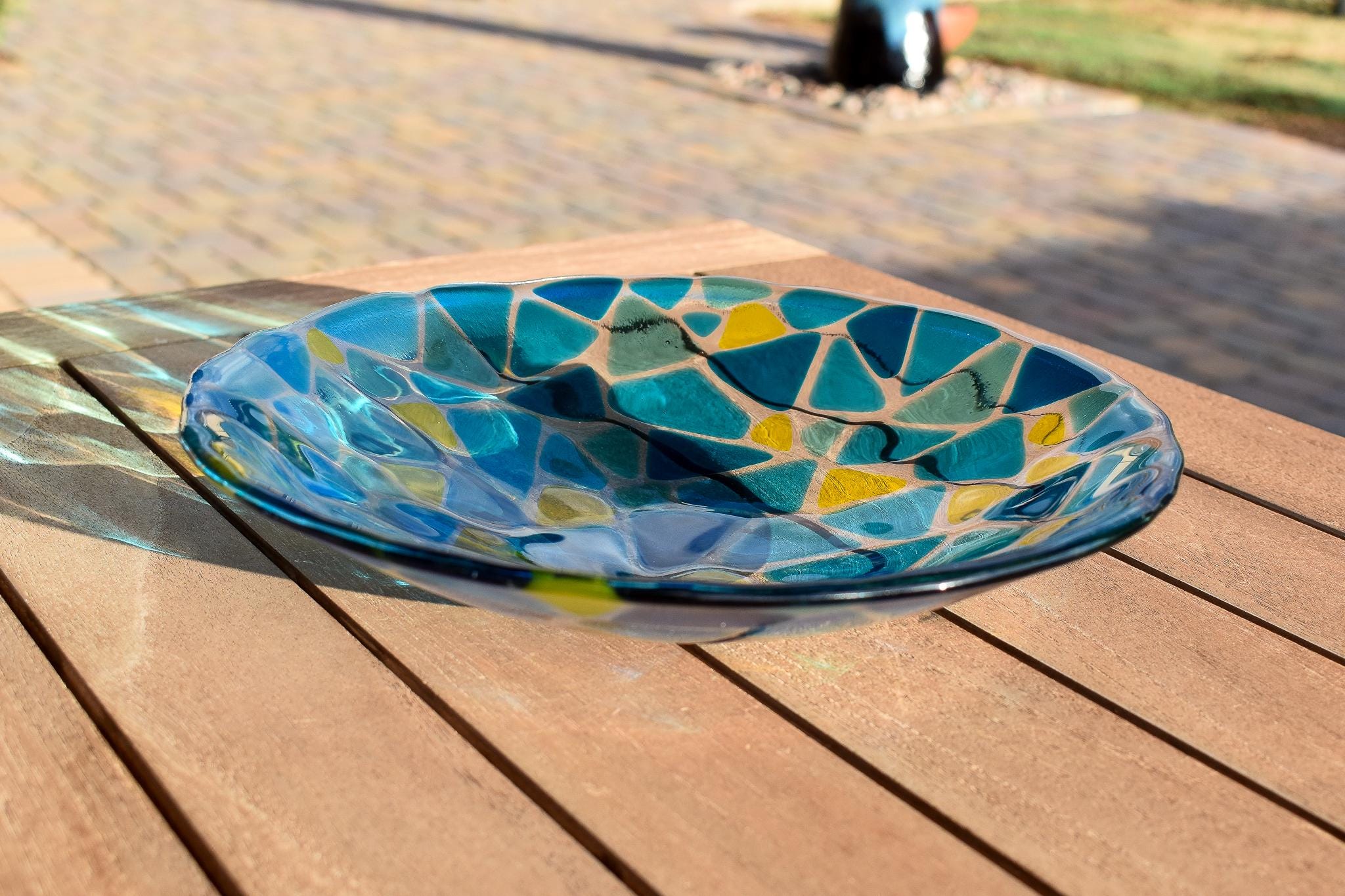 Handcrafted Fused Glass Bowl – Transparent Blues with Yellow Accents – One of a Kind Table Centerpiece - Housewarming, Wedding Gift