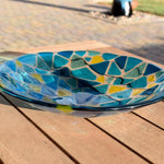 Handcrafted Fused Glass Bowl – Transparent Blues with Yellow Accents – One of a Kind Table Centerpiece - Housewarming, Wedding Gift