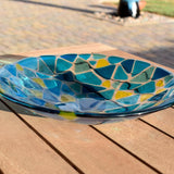 Handcrafted Fused Glass Bowl – Transparent Blues with Yellow Accents – One of a Kind Table Centerpiece - Housewarming, Wedding Gift