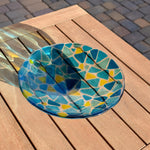 Handcrafted Fused Glass Bowl – Transparent Blues with Yellow Accents – One of a Kind Table Centerpiece - Housewarming, Wedding Gift
