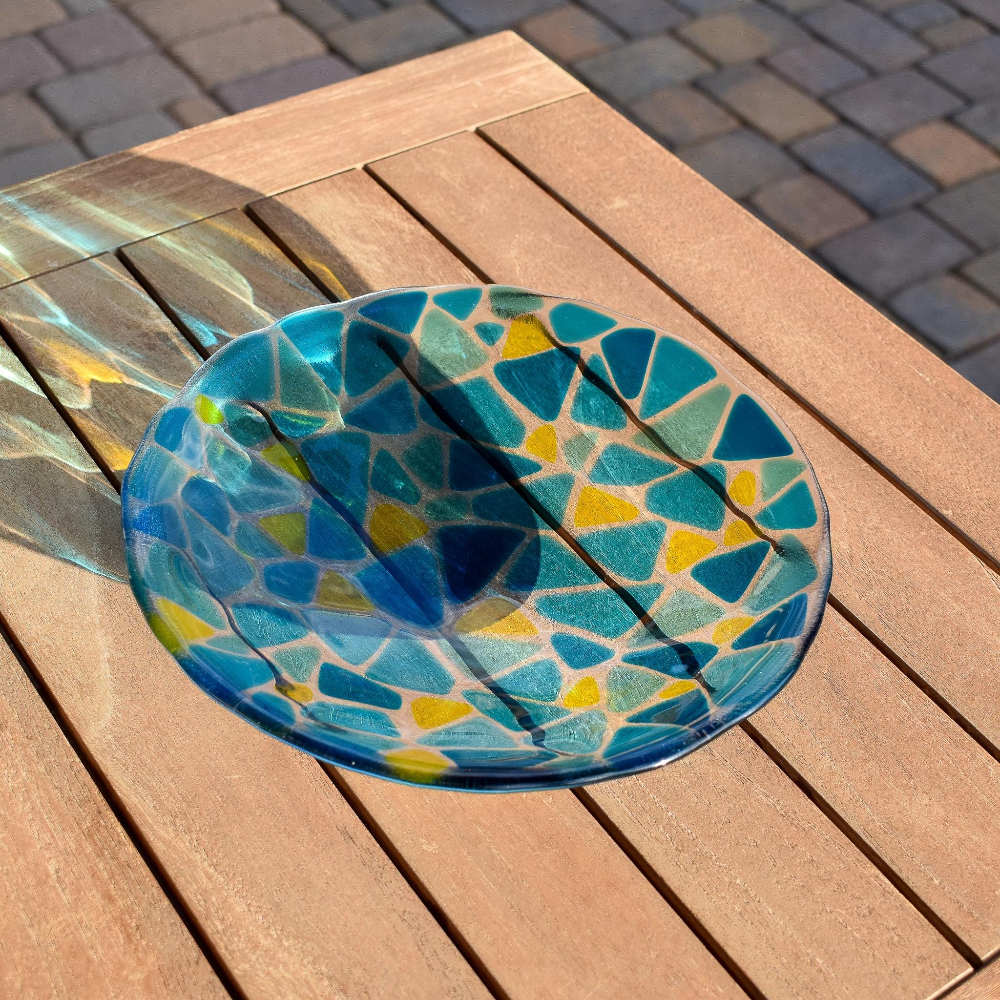 Handcrafted Fused Glass Bowl – Transparent Blues with Yellow Accents – One of a Kind Table Centerpiece - Housewarming, Wedding Gift