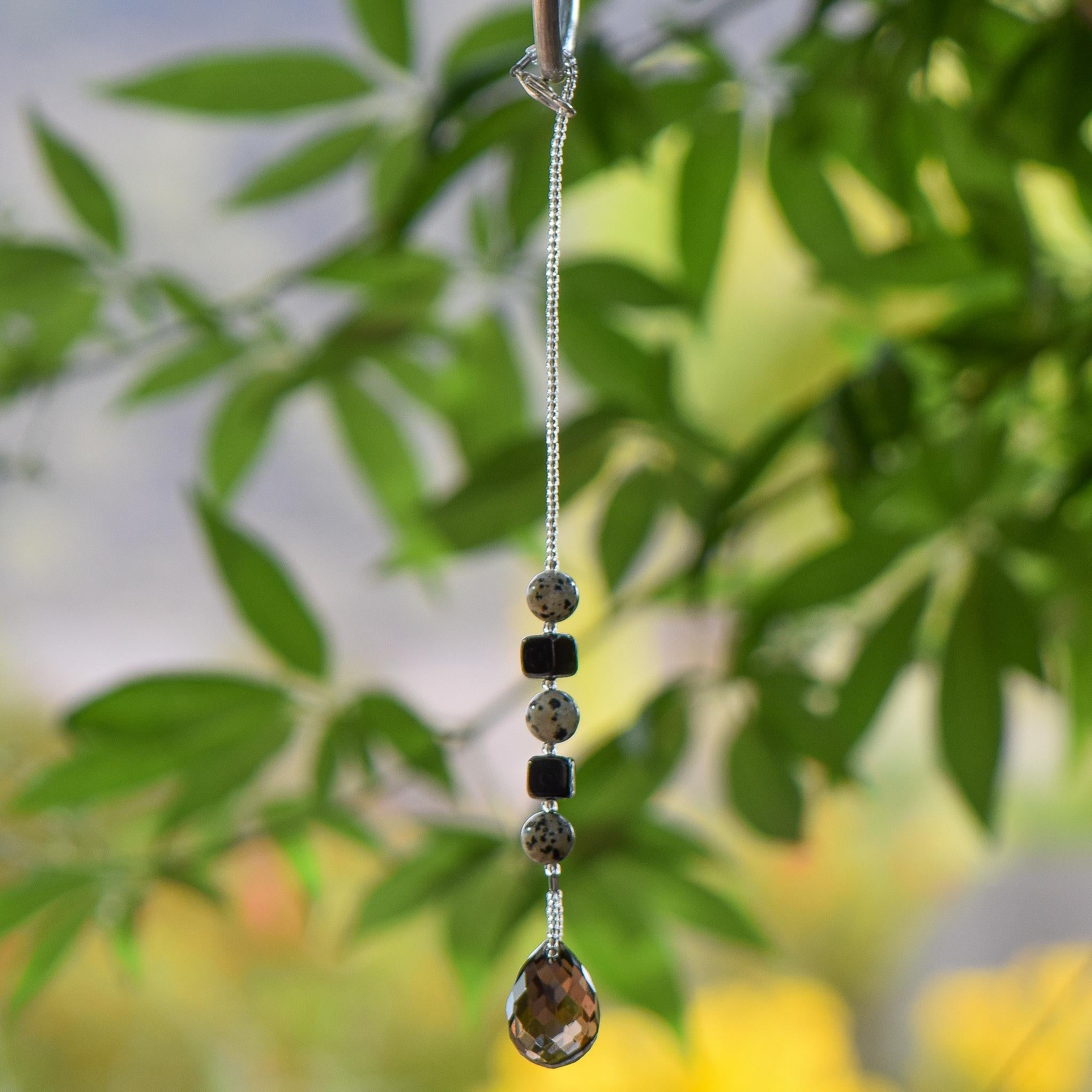 Small Black and Tan Beaded Sun Catcher with Smoky Quartz - Window, Garden, Rear View Mirror Decor