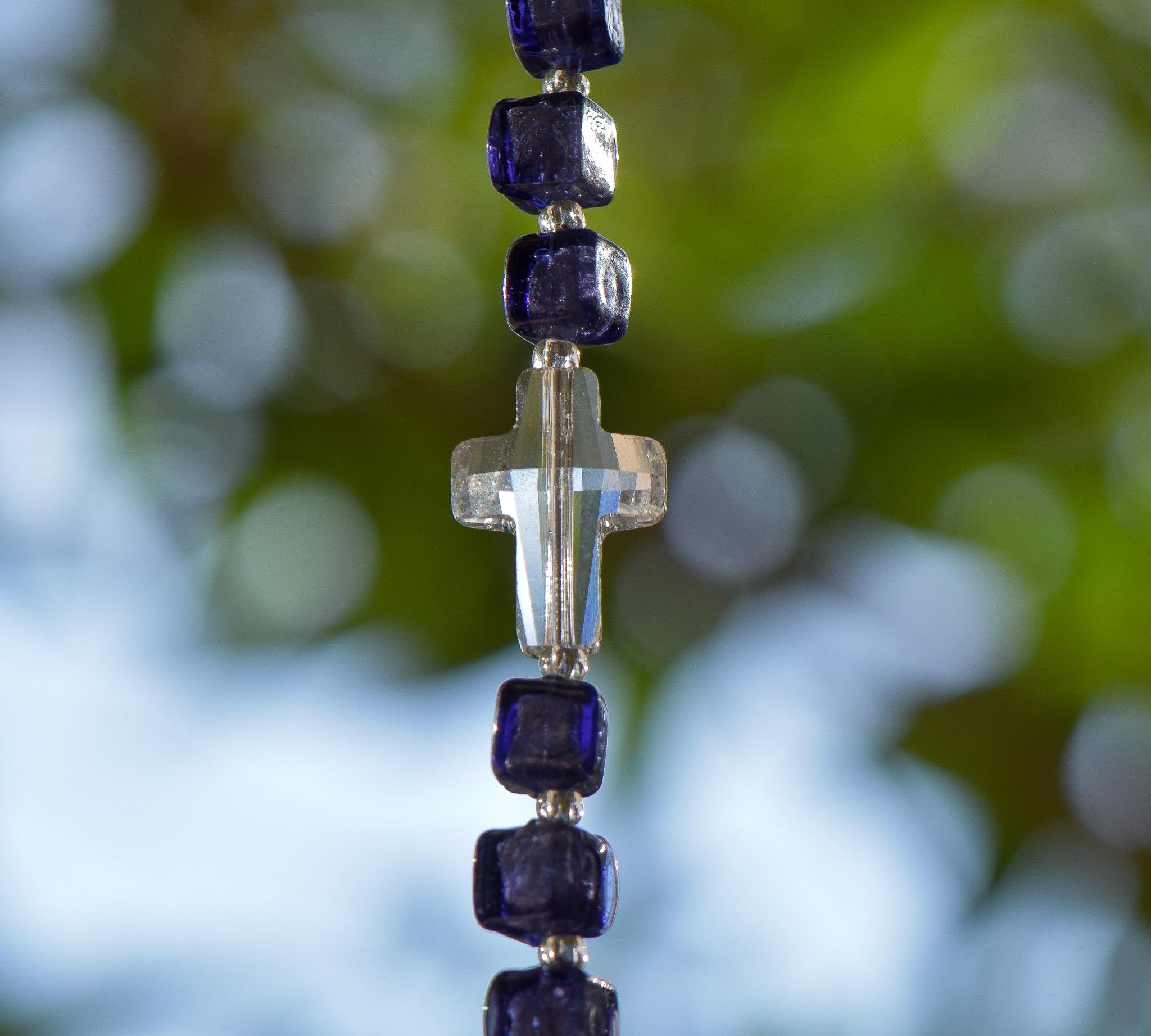 Sterling Silver Purple Crystal Sun Catcher with Murano Glass Beads and Crystal Cross - Spiritual Christian Gift
