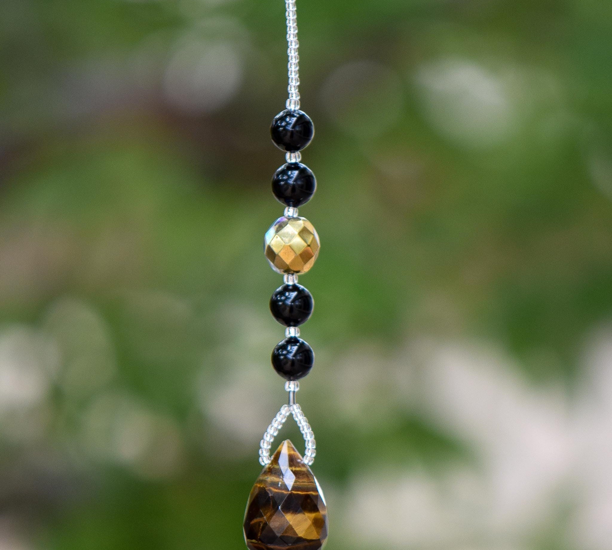 Small Black and Gold Sun Catcher with Tiger Eye Pendant for Window, Garden, Car Decor