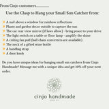 Text on a white background provides ideas for hanging small sun catchers from Cinjo Handmade. Suggestions include a nail above a window, plants and garden decor, a car mirror, a light switch, a ceiling fan pull, a wine bottle neck, a handbag strap, and a door knob. The Cinjo Handmade logo is at the bottom.