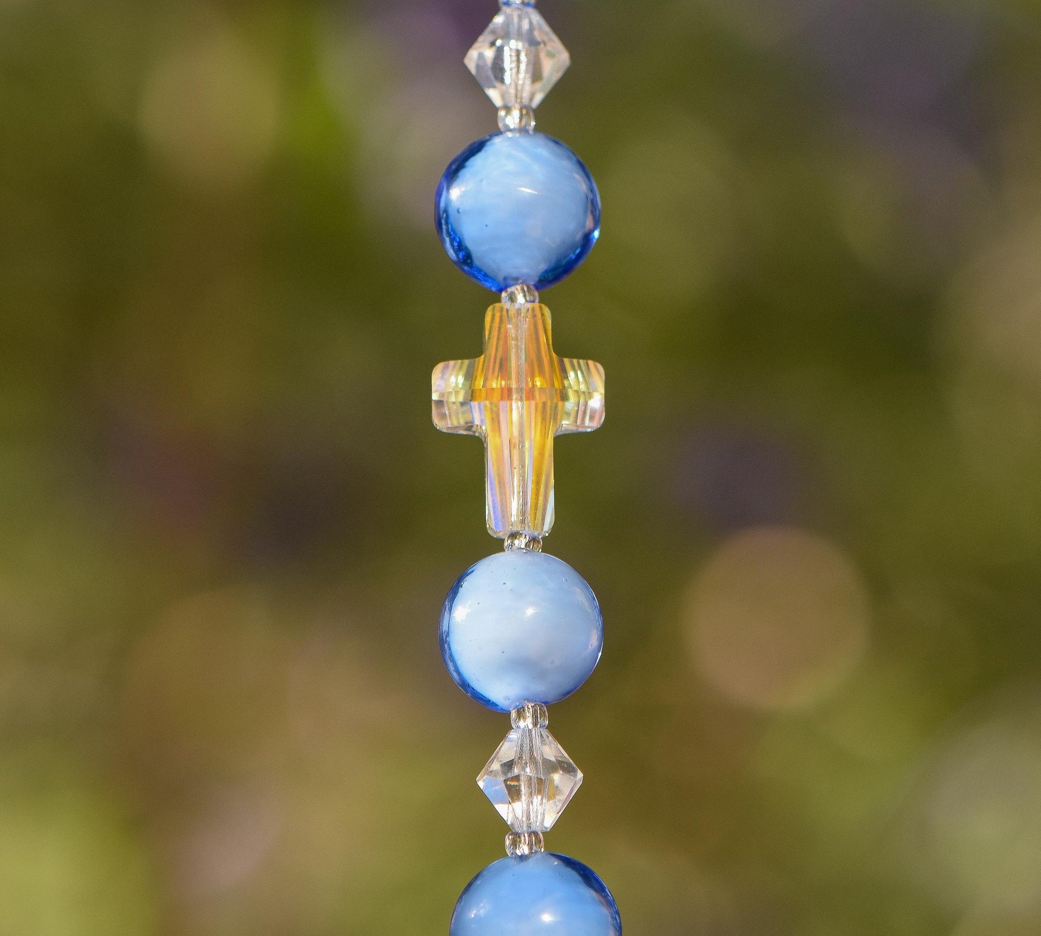 Small Beaded Sun Catcher with Blue Murano Glass and Crystal Cross - Window, Car, Garden Decor