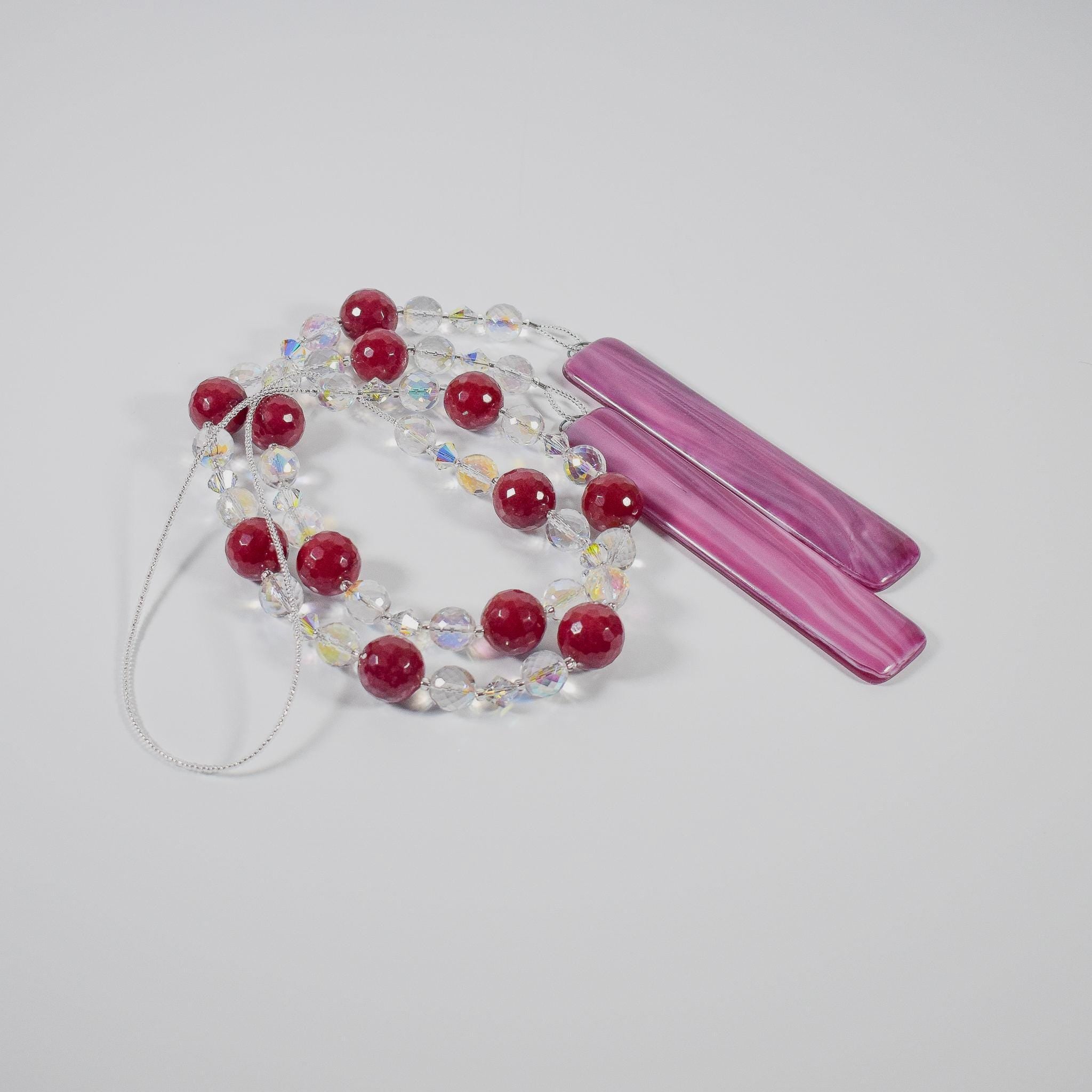 Pink and Red Sun Chime with Jade Stones and Glass, Unique Patio and Garden Decor