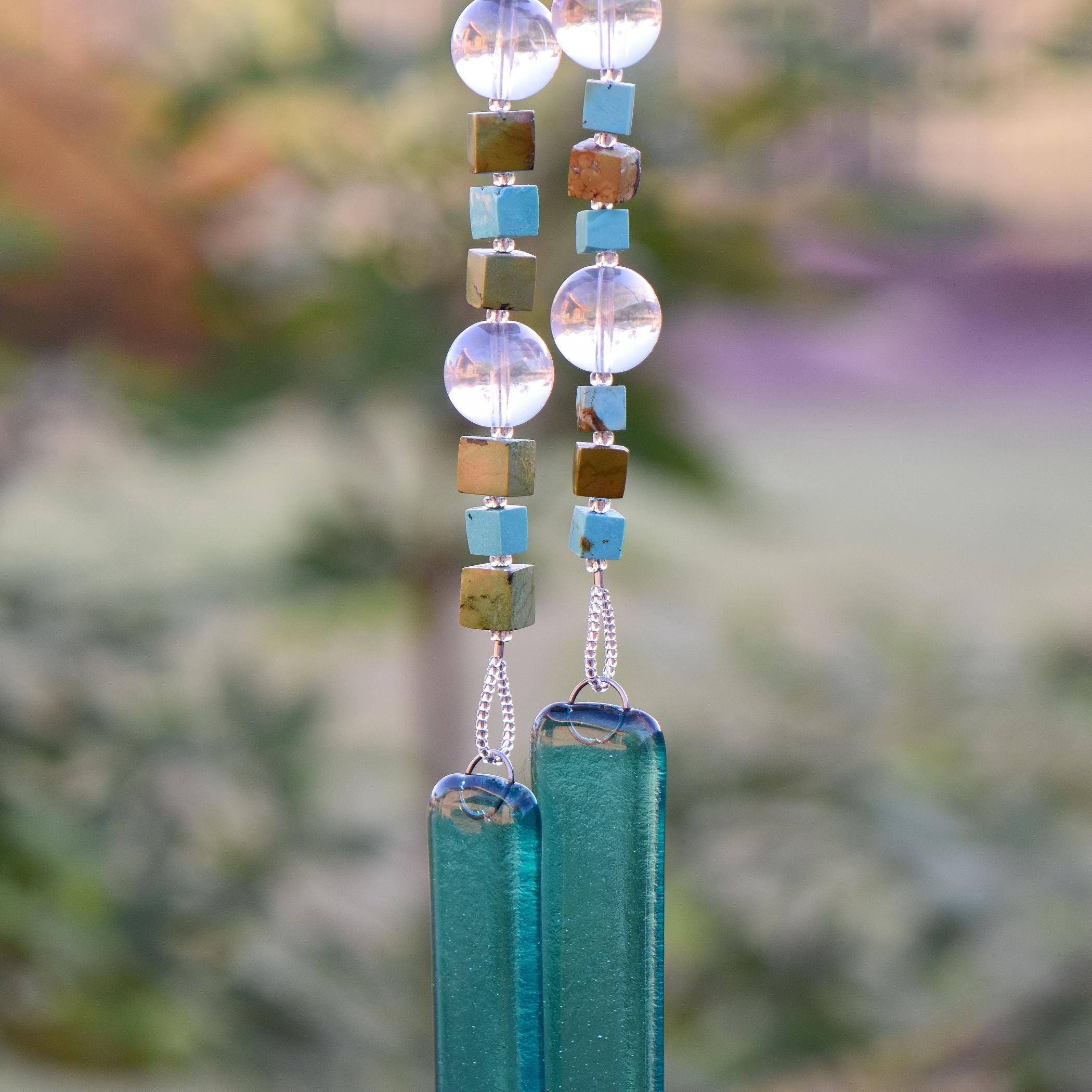 Turquoise Howlite Stone and Glass Wind Chime - Rustic Southwest Patio and Garden Art - Gift for Housewarming, Birthday, Memorial, Retirement