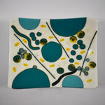 Colorful Rectangular Fused Glass Bowl with Turquoise and Yellow Modern Abstract Design - Unique Gift - Conversation Piece