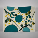 Colorful Rectangular Fused Glass Bowl with Turquoise and Yellow Modern Abstract Design - Unique Gift - Conversation Piece