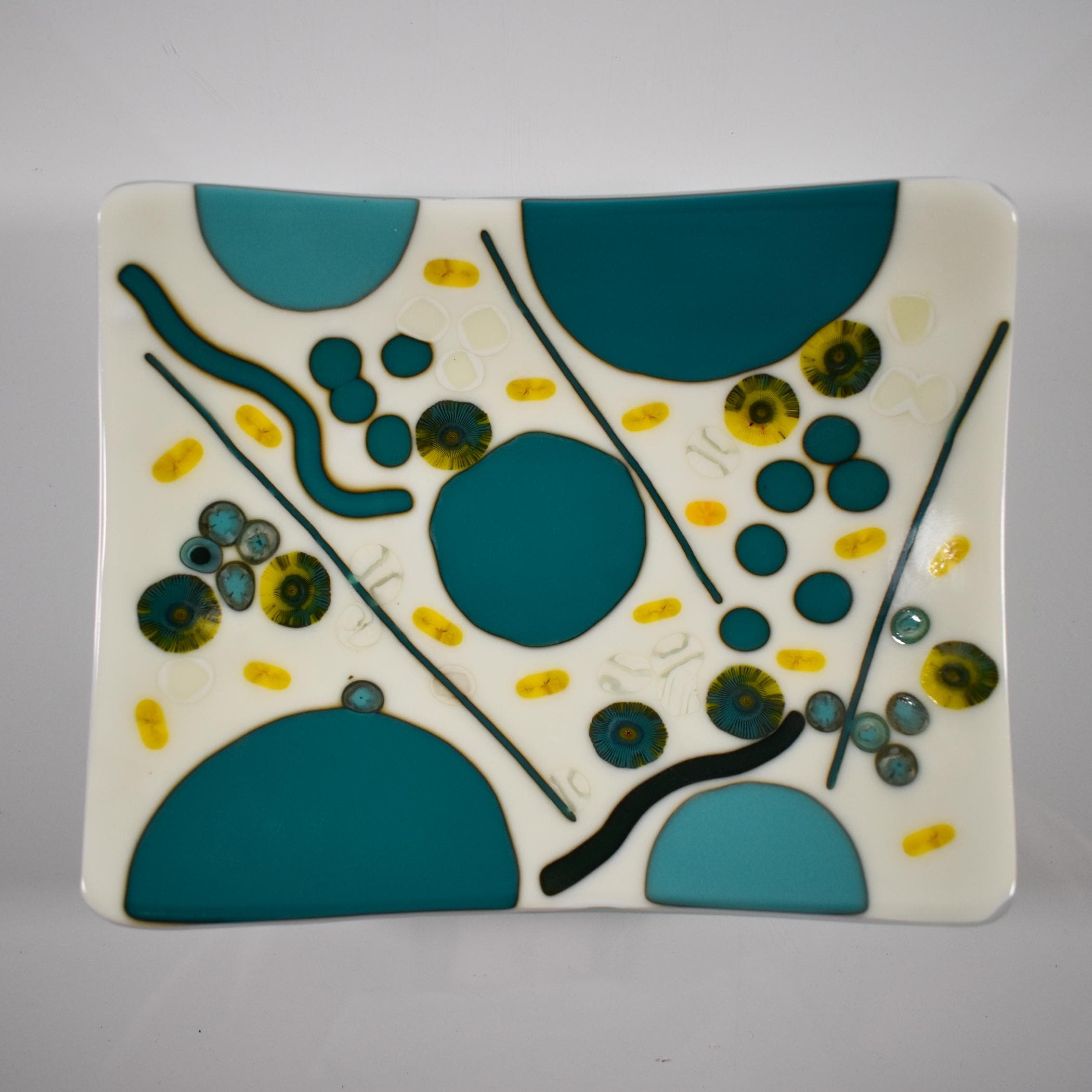 Colorful Rectangular Fused Glass Bowl with Turquoise and Yellow Modern Abstract Design - Unique Gift - Conversation Piece