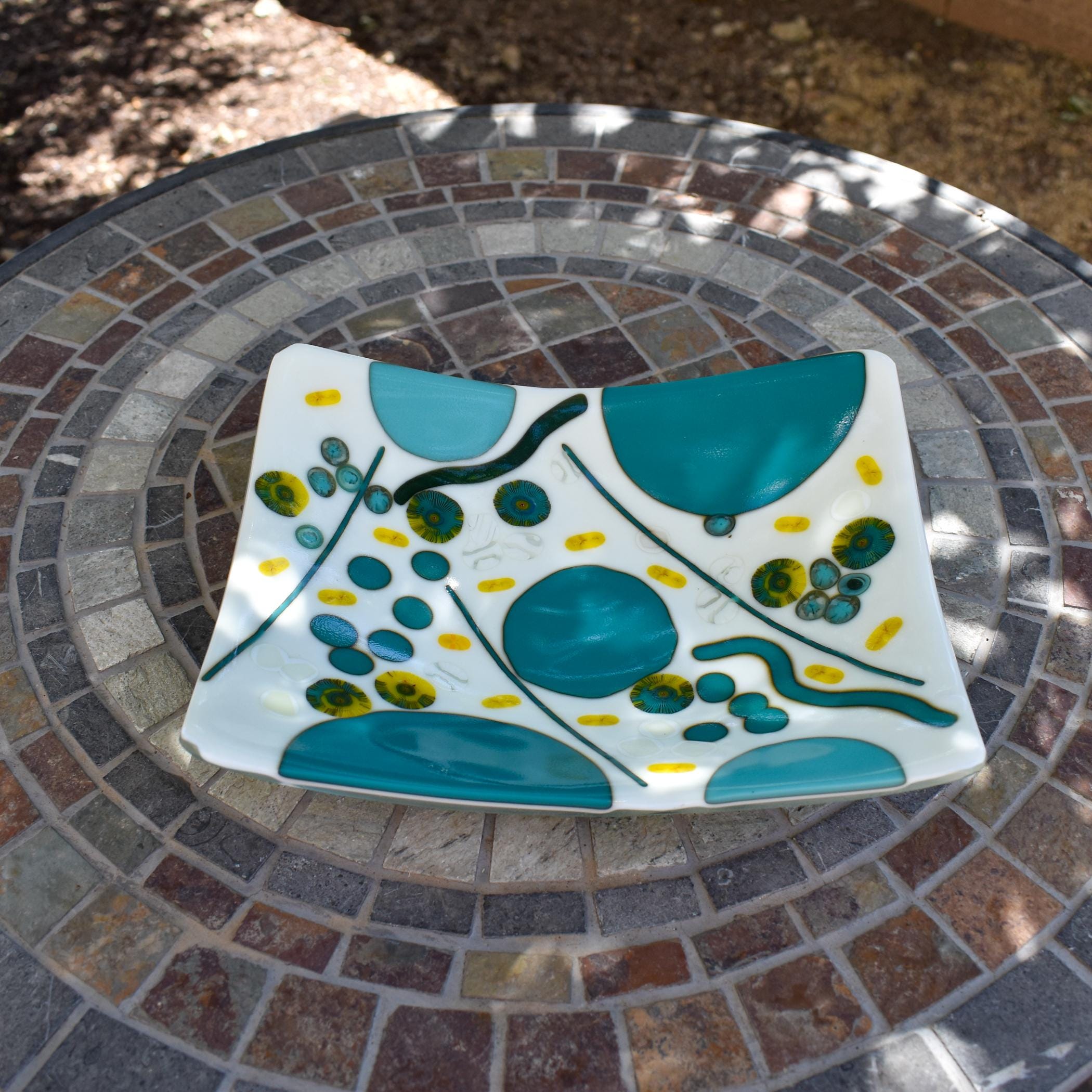 Colorful Rectangular Fused Glass Bowl with Turquoise and Yellow Modern Abstract Design - Unique Gift - Conversation Piece