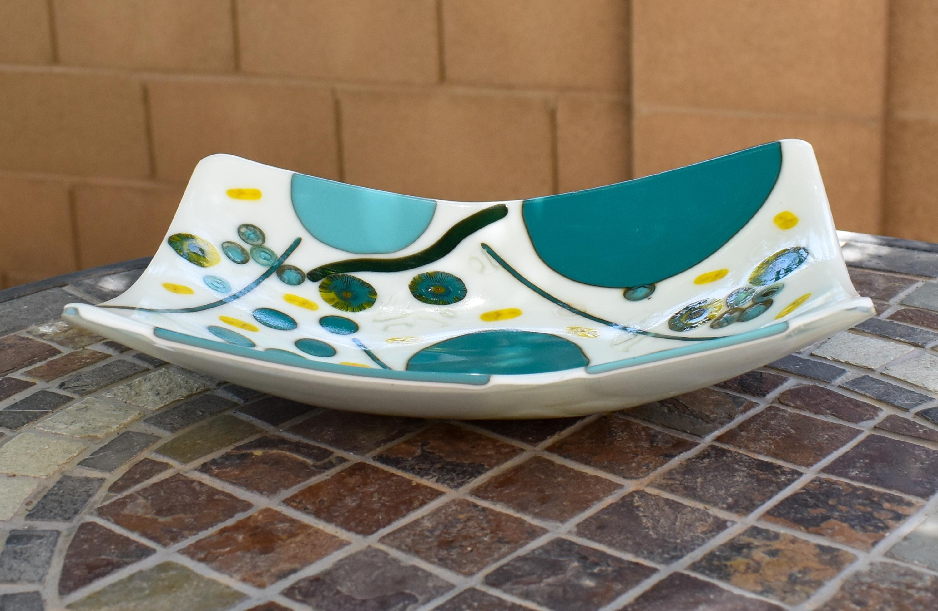 Colorful Rectangular Fused Glass Bowl with Turquoise and Yellow Modern Abstract Design - Unique Gift - Conversation Piece
