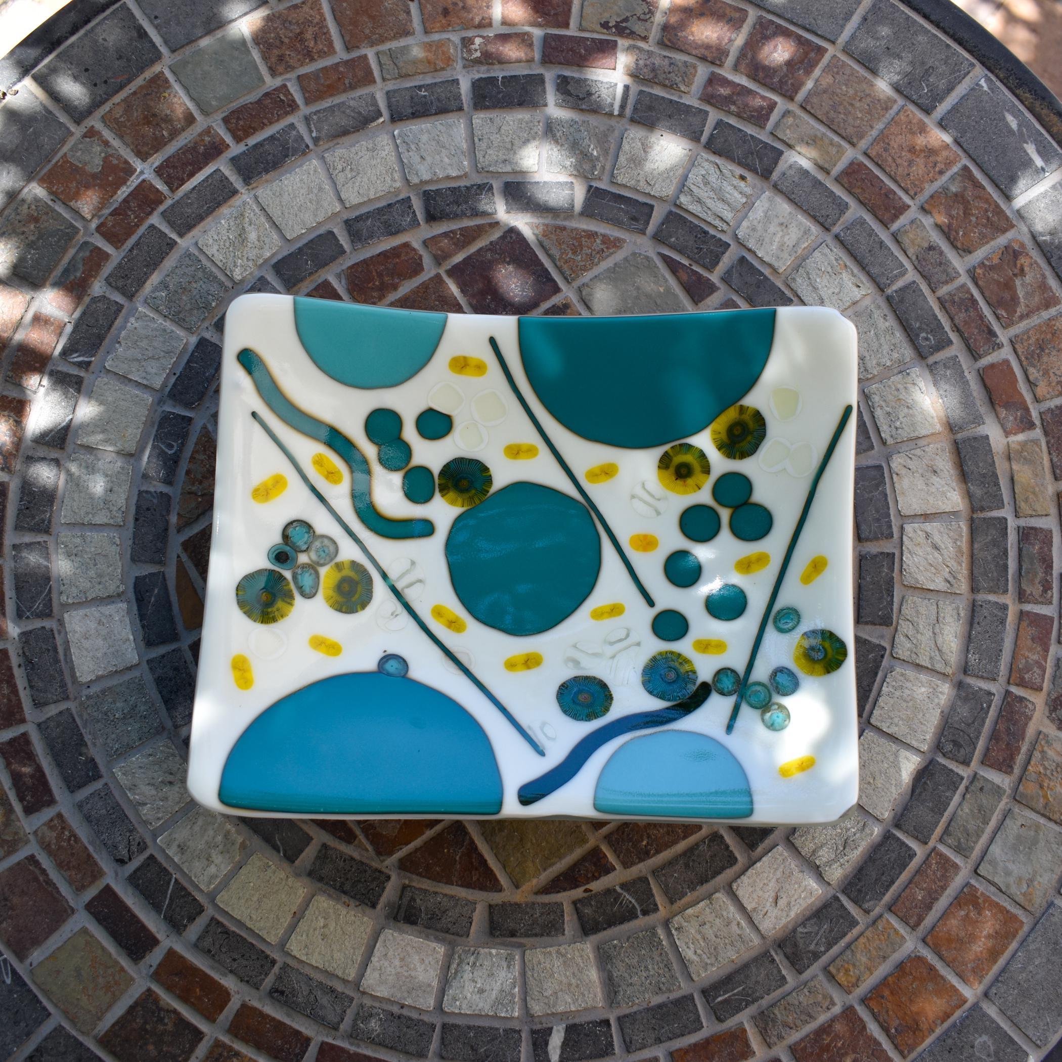 Colorful Rectangular Fused Glass Bowl with Turquoise and Yellow Modern Abstract Design - Unique Gift - Conversation Piece