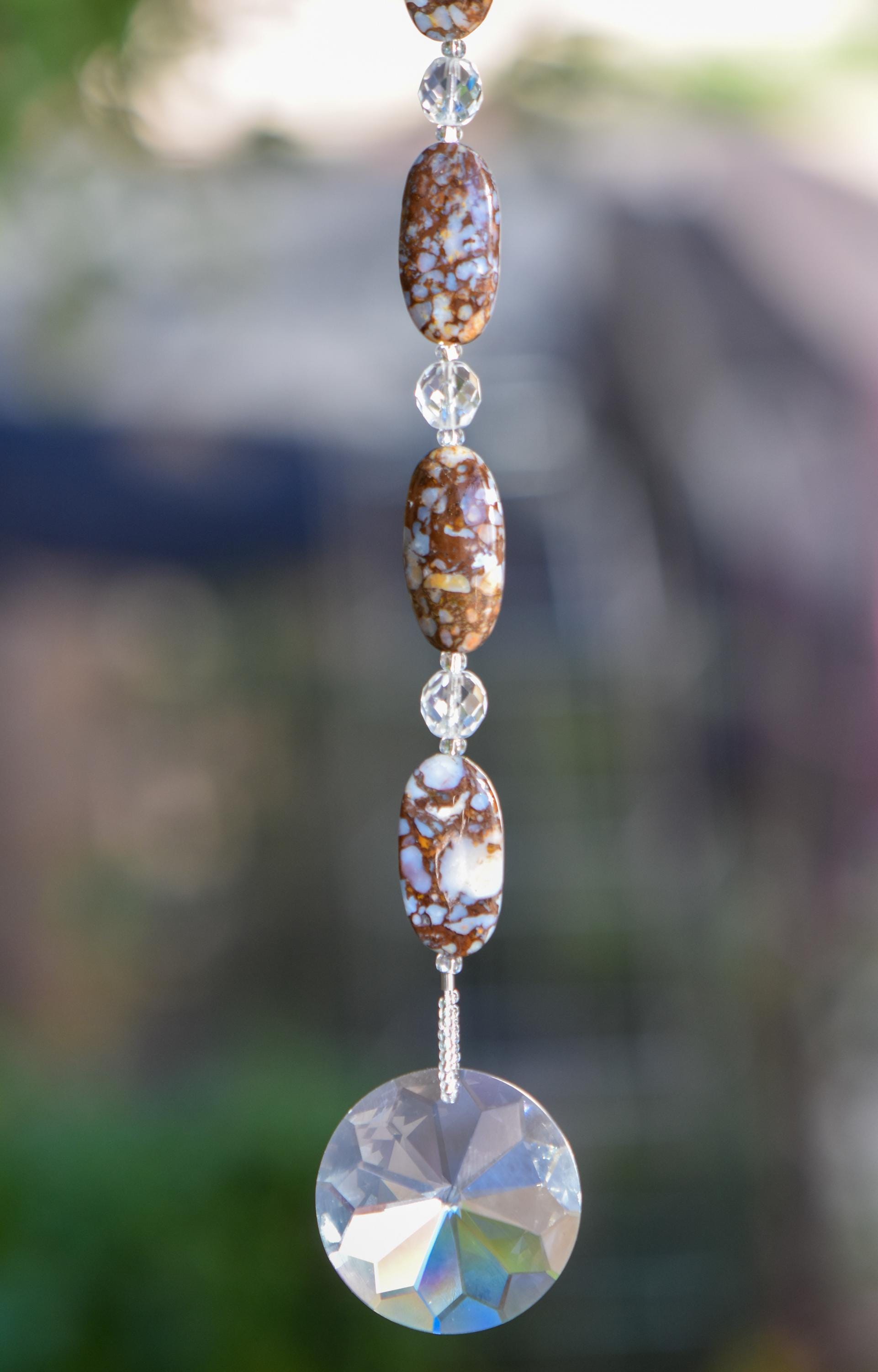 Long Hanging Sun Catcher with Fire Opal Stones and Sun Prism - Window or Garden Decor for Indoors or Outdoors