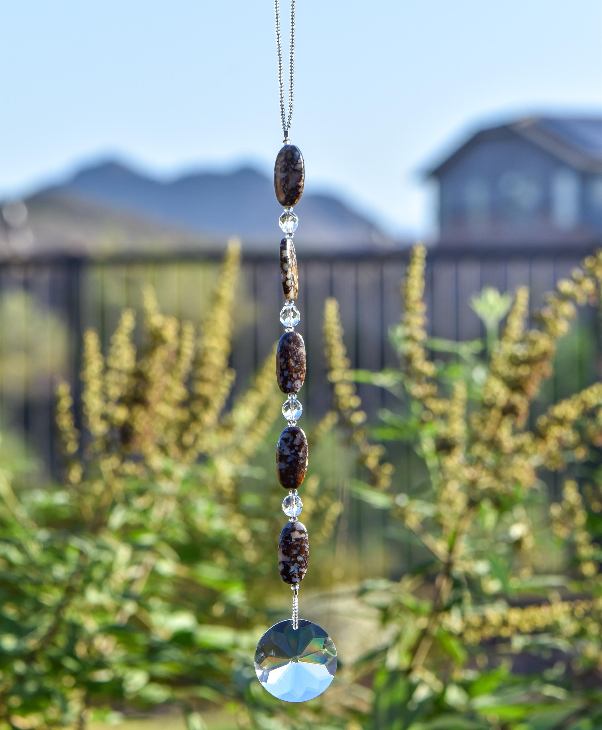 Long Hanging Sun Catcher with Fire Opal Stones and Sun Prism - Window or Garden Decor for Indoors or Outdoors