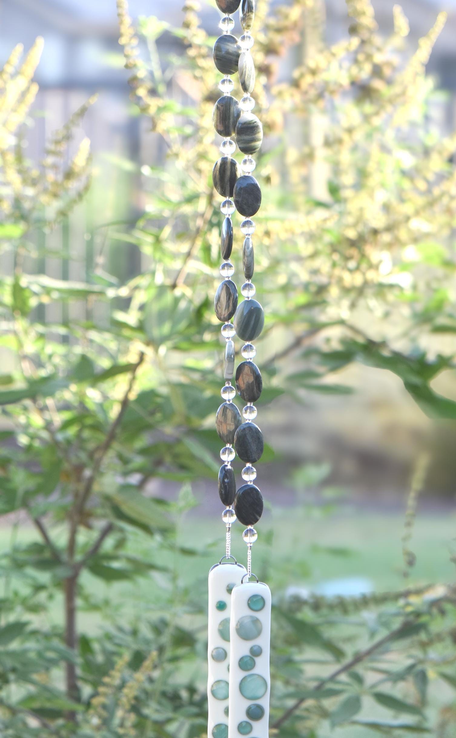 Seaweed Quartz Stone and Glass Wind Chime - Great Gift for Housewarming, Retirement, Memorial - Outdoor Patio and Garden Decor