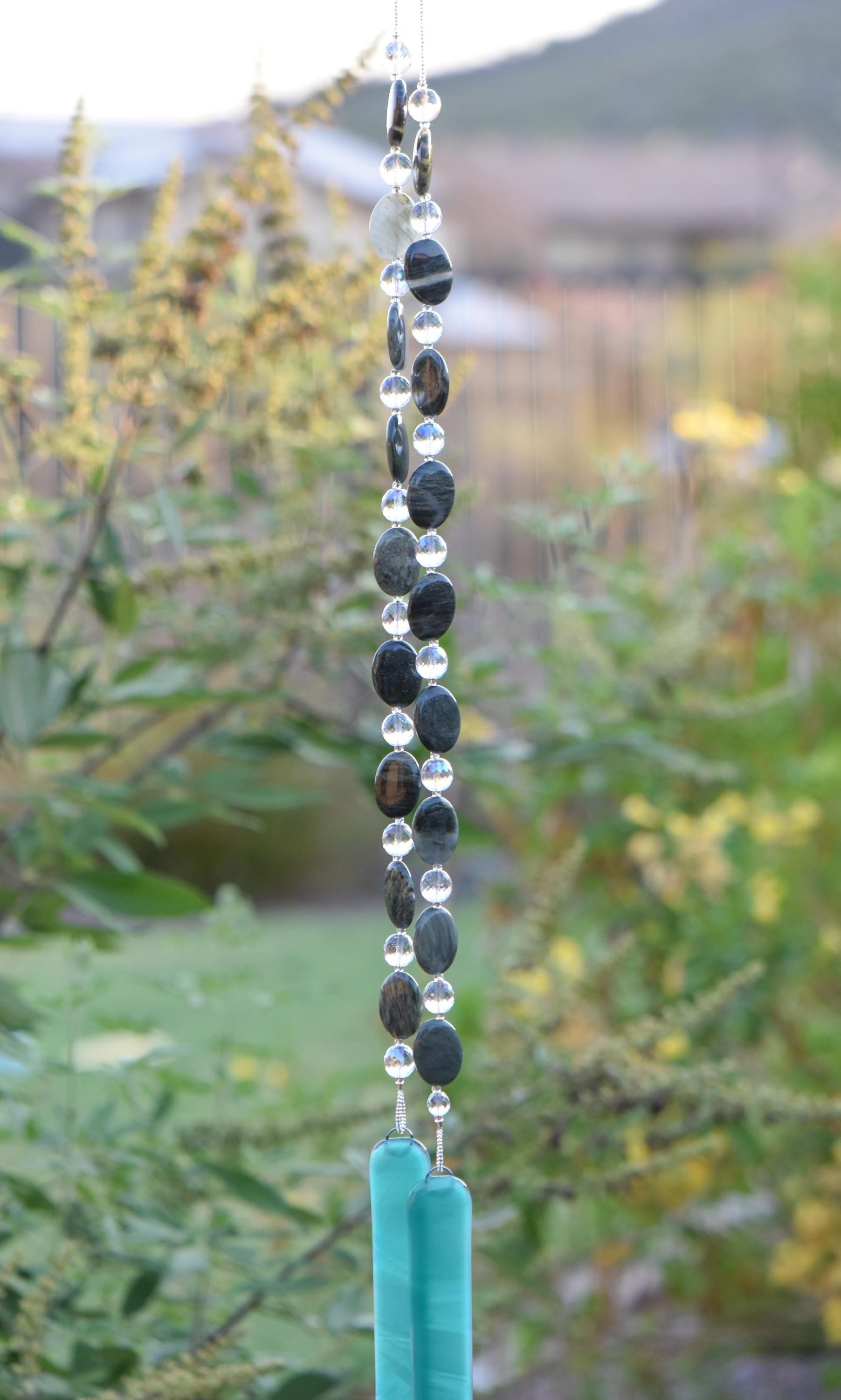 Seaweed Quartz and Teal Glass Wind Chime for Patio and Garden - Gift Ready - Housewarming, Birthday, Mothers Day