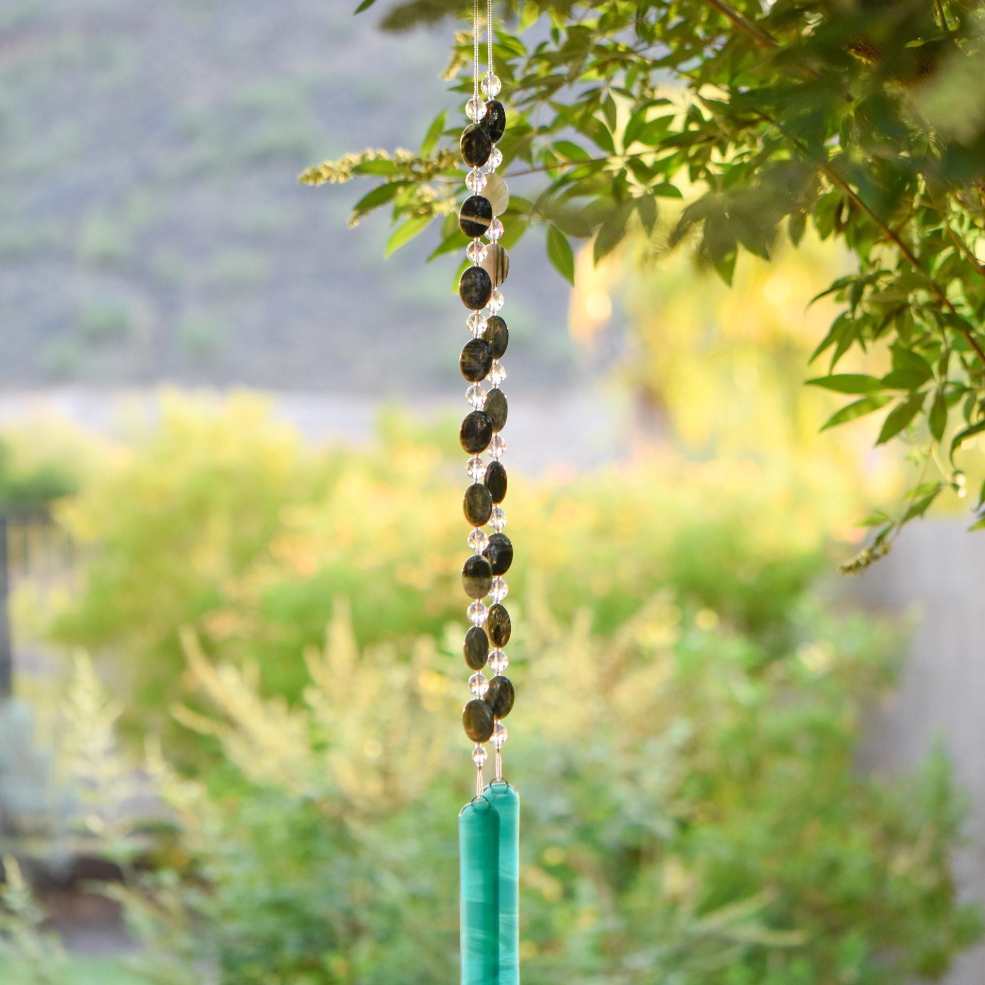Seaweed Quartz and Teal Glass Wind Chime for Patio and Garden - Gift Ready - Housewarming, Birthday, Mothers Day