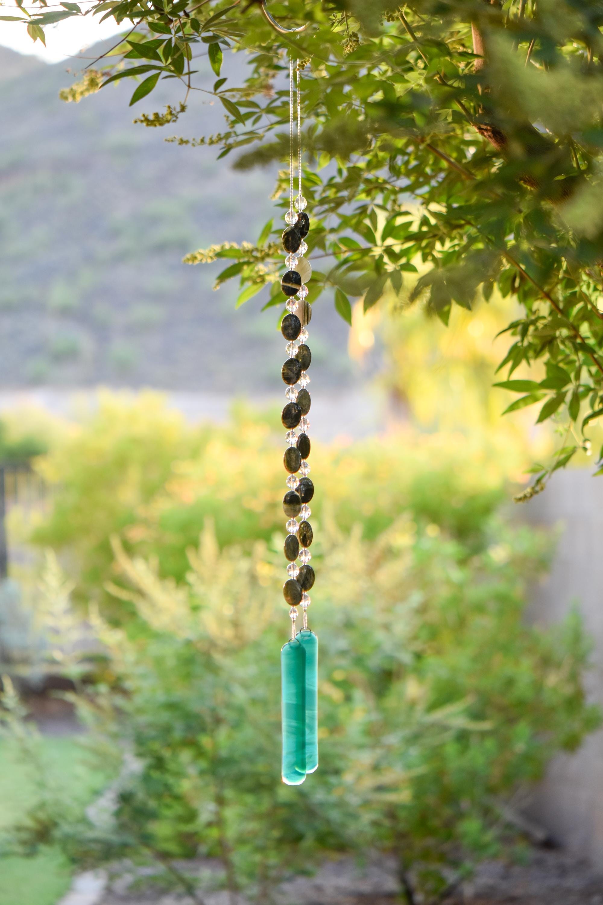 Seaweed Quartz and Teal Glass Wind Chime for Patio and Garden - Gift Ready - Housewarming, Birthday, Mothers Day