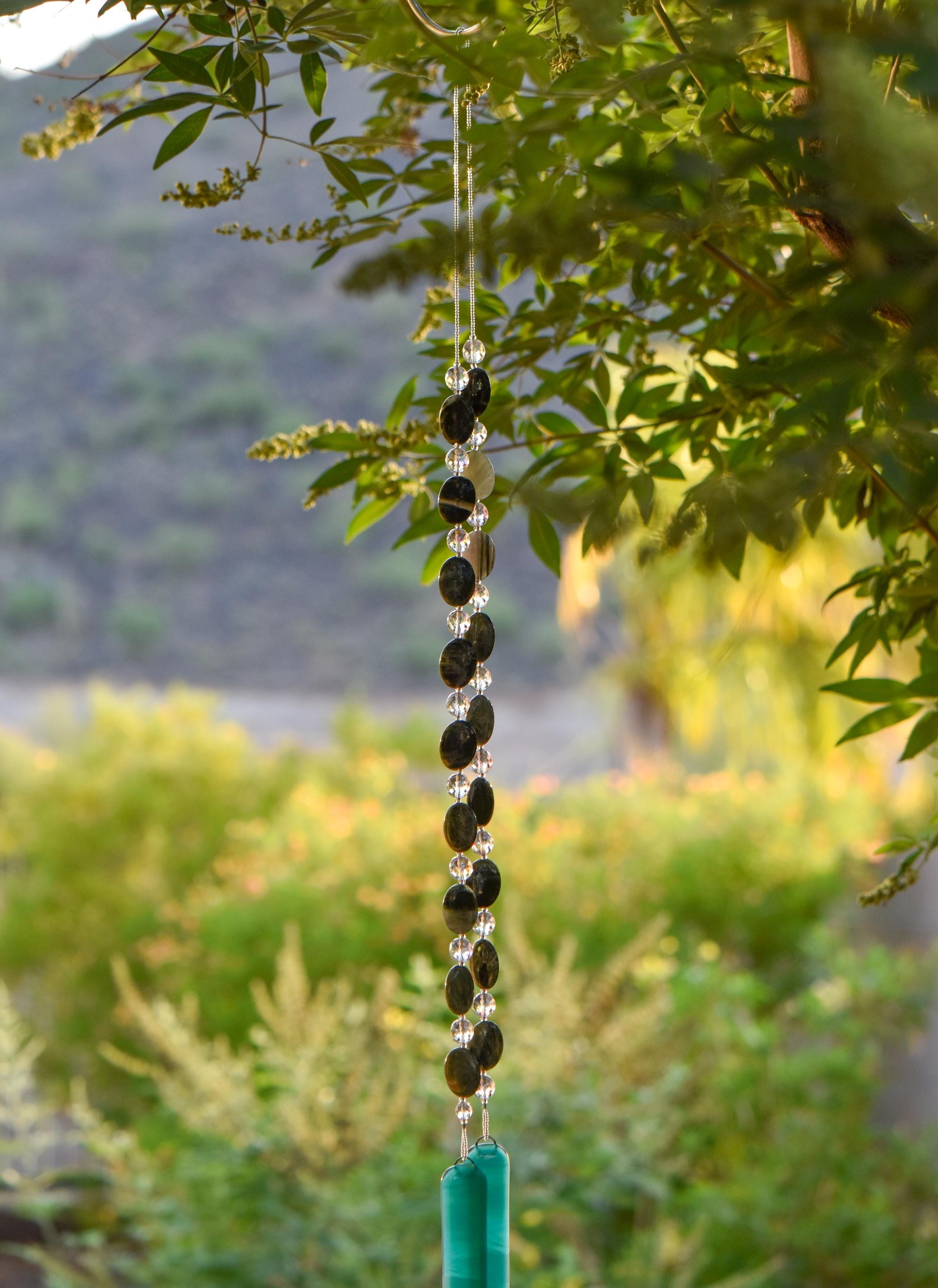 Seaweed Quartz and Teal Glass Wind Chime for Patio and Garden - Gift Ready - Housewarming, Birthday, Mothers Day