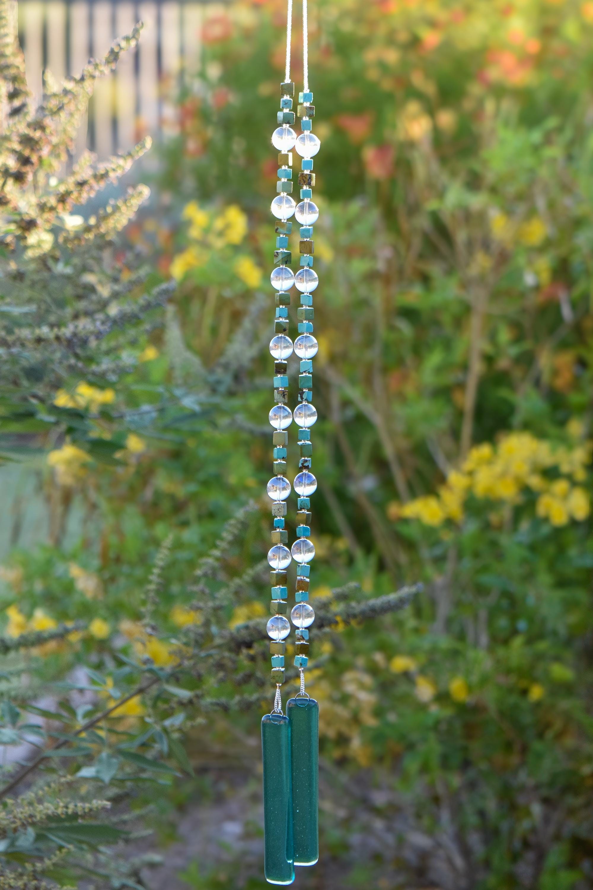 Turquoise Howlite Stone and Glass Wind Chime - Rustic Southwest Patio and Garden Art - Gift for Housewarming, Birthday, Memorial, Retirement