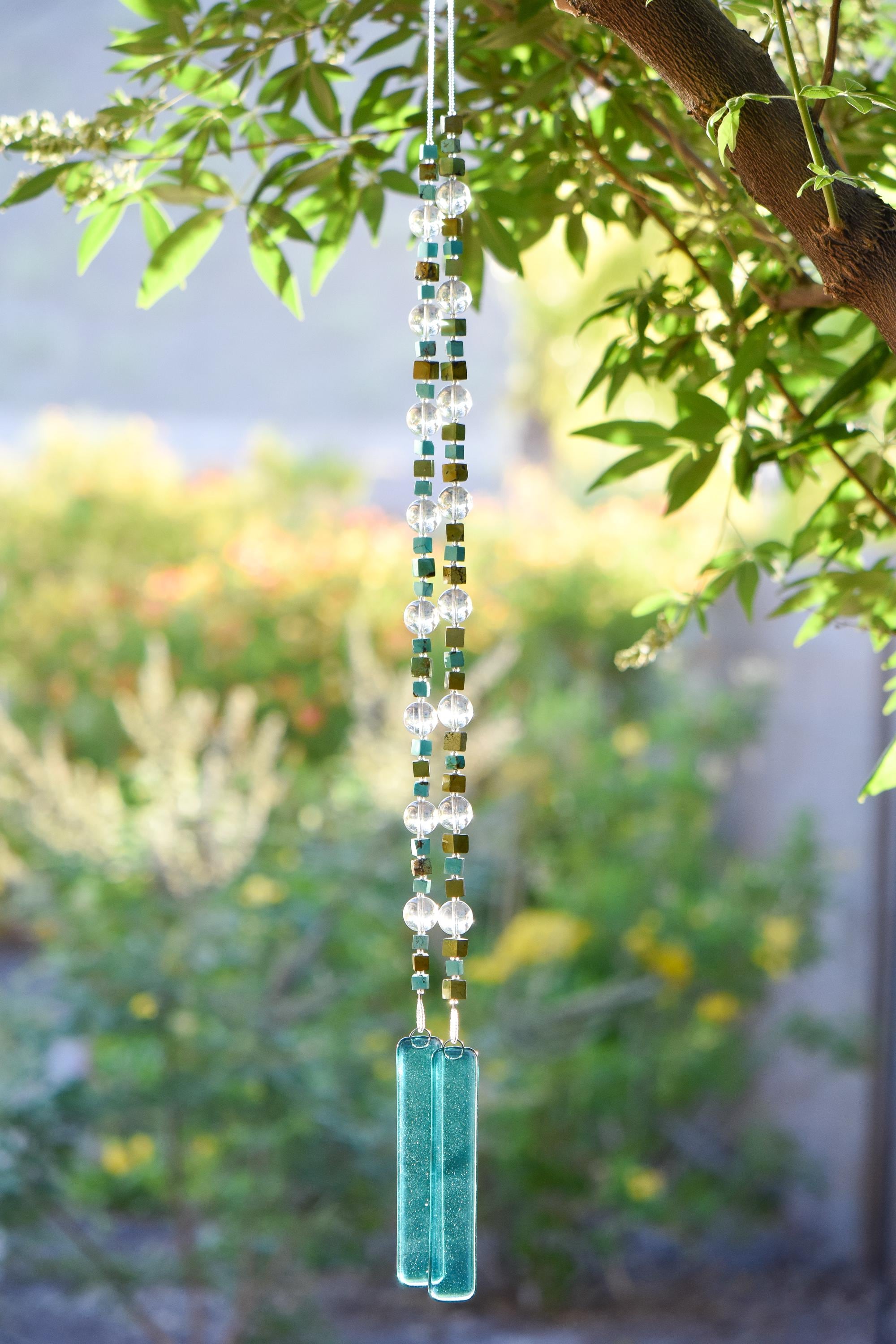 Turquoise Howlite Stone and Glass Wind Chime - Rustic Southwest Patio and Garden Art - Gift for Housewarming, Birthday, Memorial, Retirement