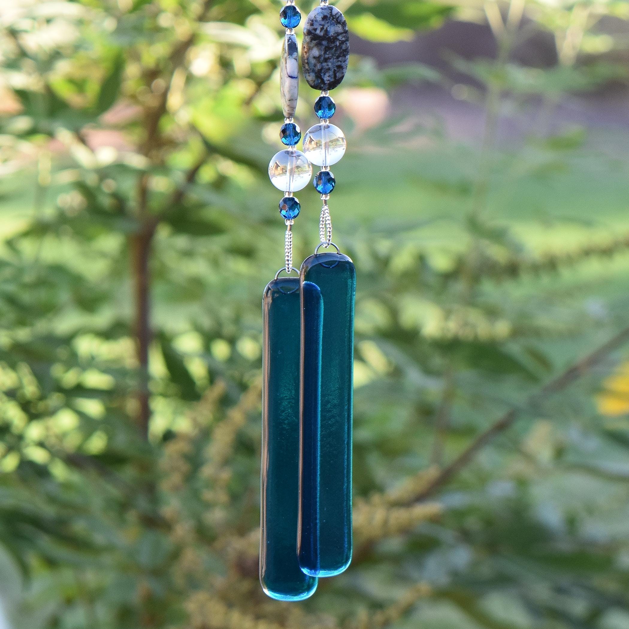Azurite Malachite Stone Wind Chime with Aqua Glass for Patio and Garden - Gift for Housewarming, Retirement, Gardener, Memorial, Wedding