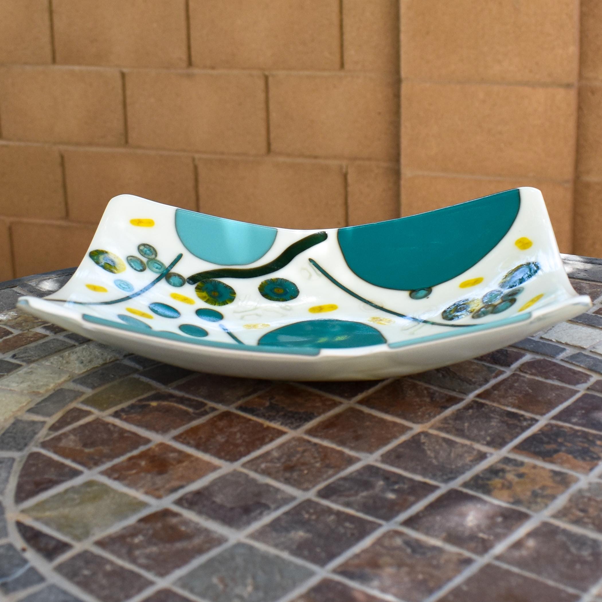 Colorful Rectangular Fused Glass Bowl with Turquoise and Yellow Modern Abstract Design - Unique Gift - Conversation Piece