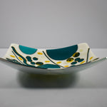 Colorful Rectangular Fused Glass Bowl with Turquoise and Yellow Modern Abstract Design - Unique Gift - Conversation Piece
