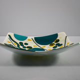 Colorful Rectangular Fused Glass Bowl with Turquoise and Yellow Modern Abstract Design - Unique Gift - Conversation Piece