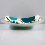 Colorful Rectangular Fused Glass Bowl with Turquoise and Yellow Modern Abstract Design - Unique Gift - Conversation Piece