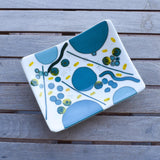 Colorful Rectangular Fused Glass Bowl with Turquoise and Yellow Modern Abstract Design - Unique Gift - Conversation Piece