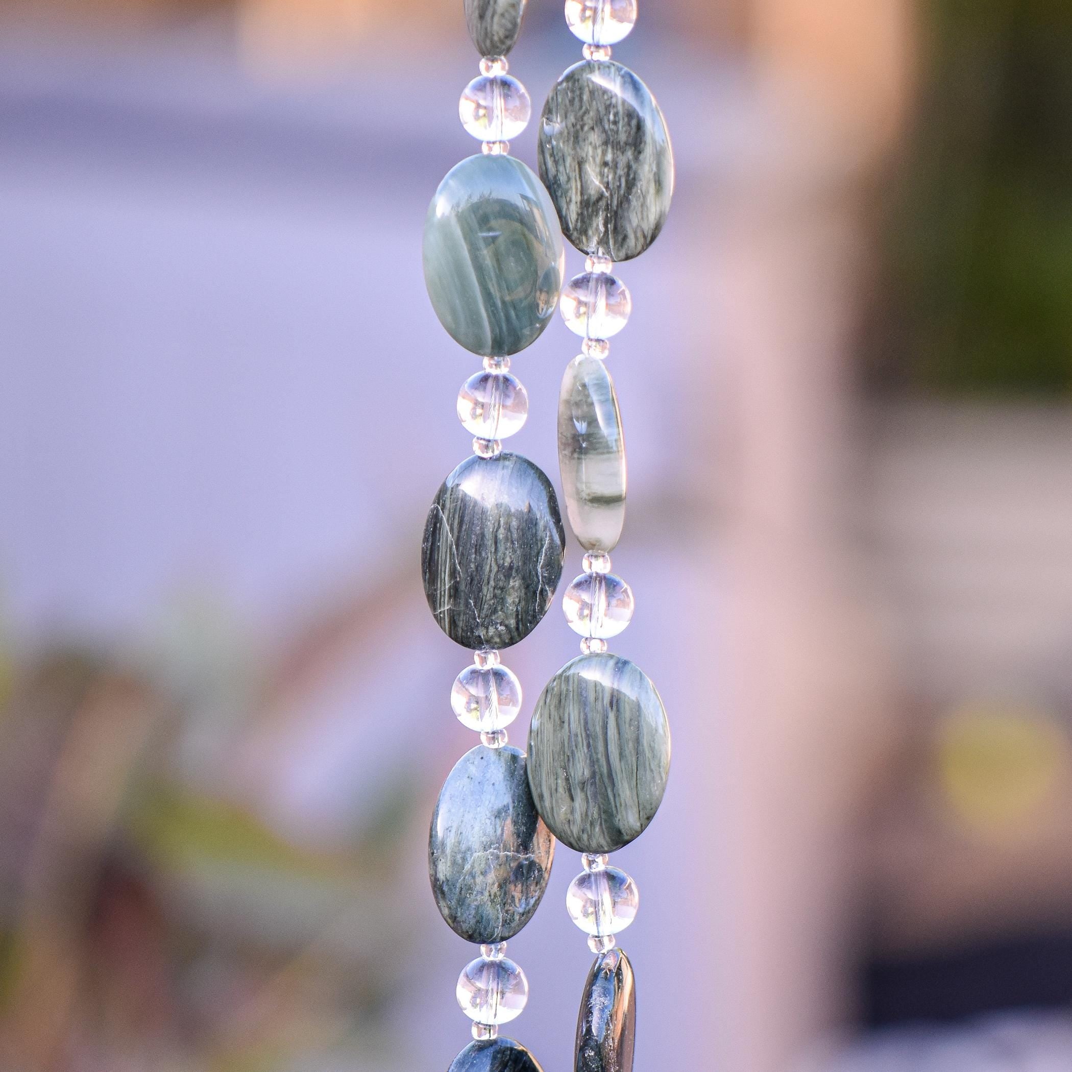 Seaweed Quartz Stone and Glass Wind Chime - Great Gift for Housewarming, Retirement, Memorial - Outdoor Patio and Garden Decor