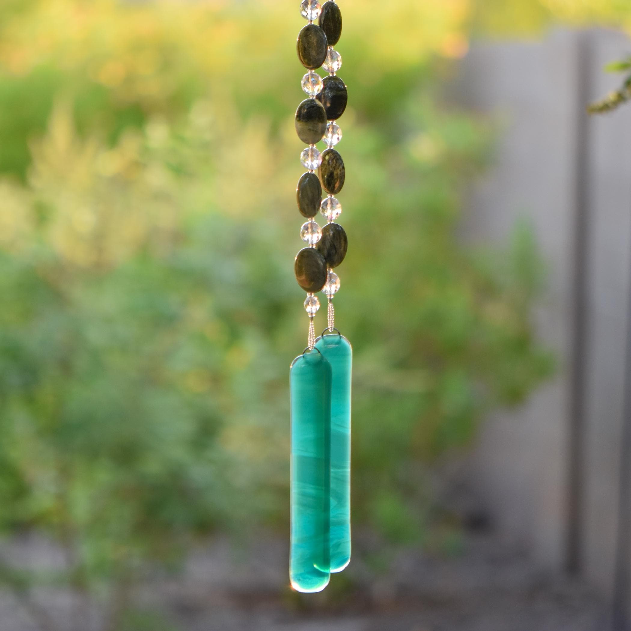 Seaweed Quartz and Teal Glass Wind Chime for Patio and Garden - Gift Ready - Housewarming, Birthday, Mothers Day