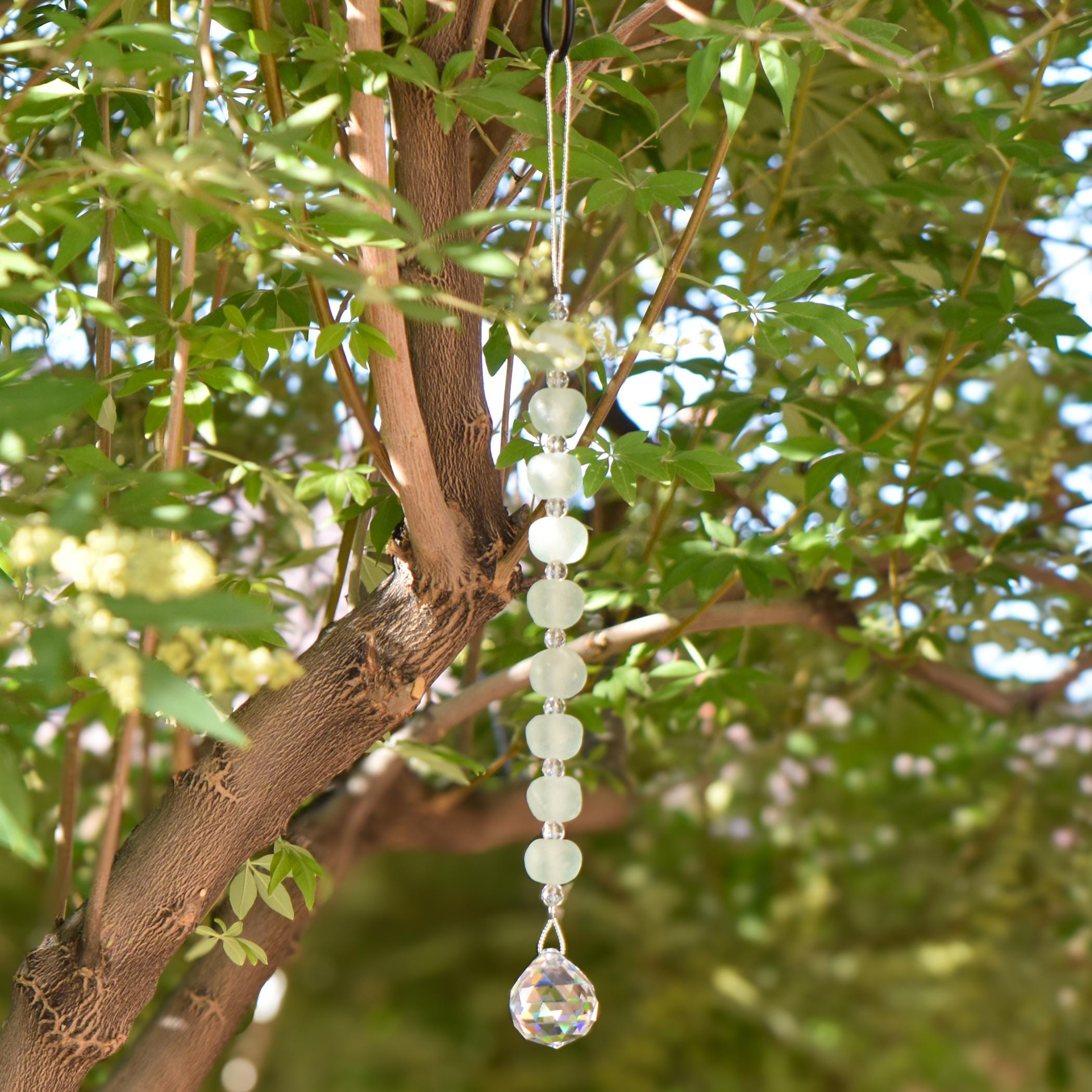 African Bead Sun Catcher with Large Crystal Prism - 17" Long - Window or Outdoor Decoration - Welcome Gift for Home