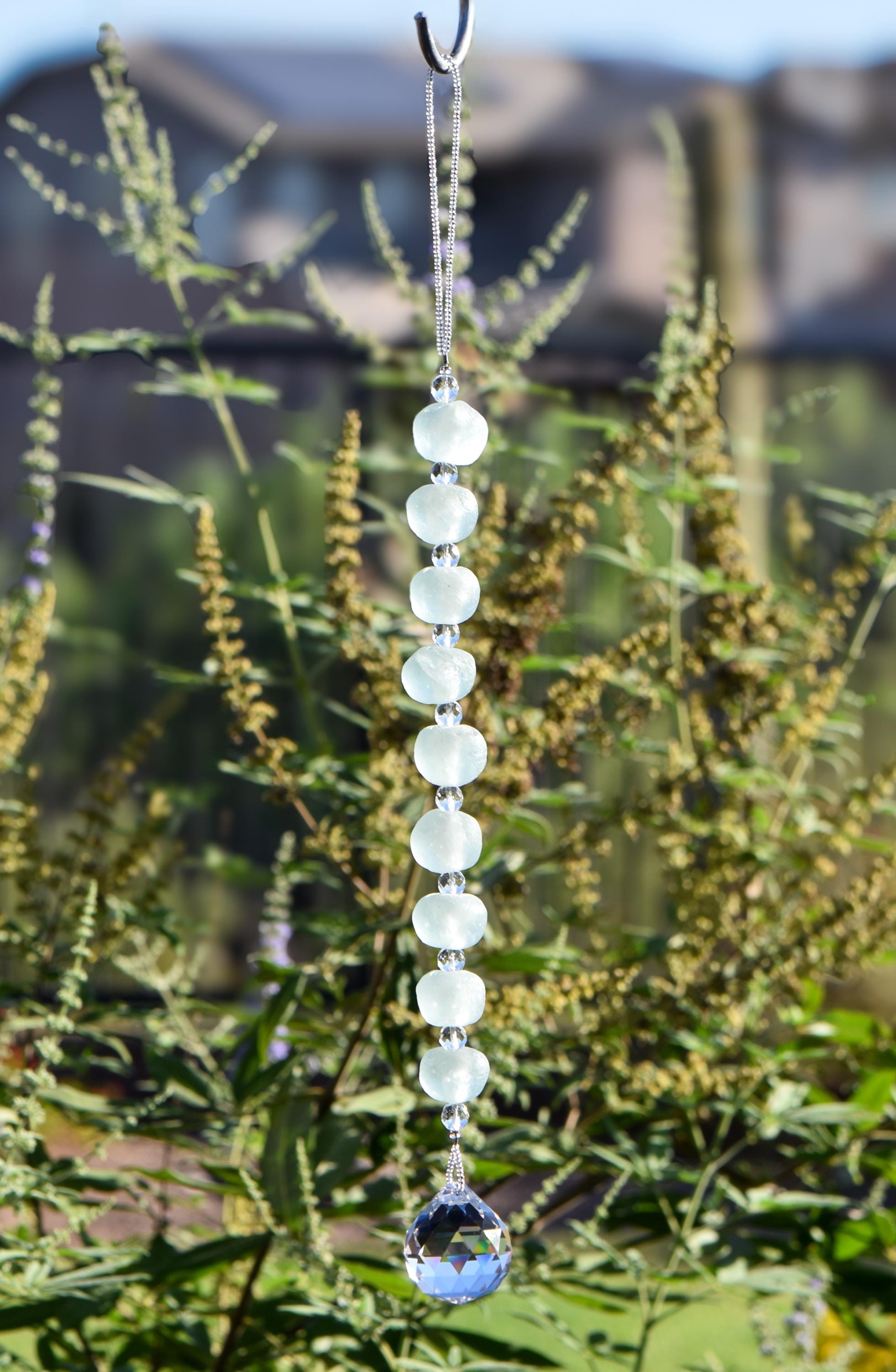 African Bead Sun Catcher with Large Crystal Prism - 17" Long - Window or Outdoor Decoration - Welcome Gift for Home
