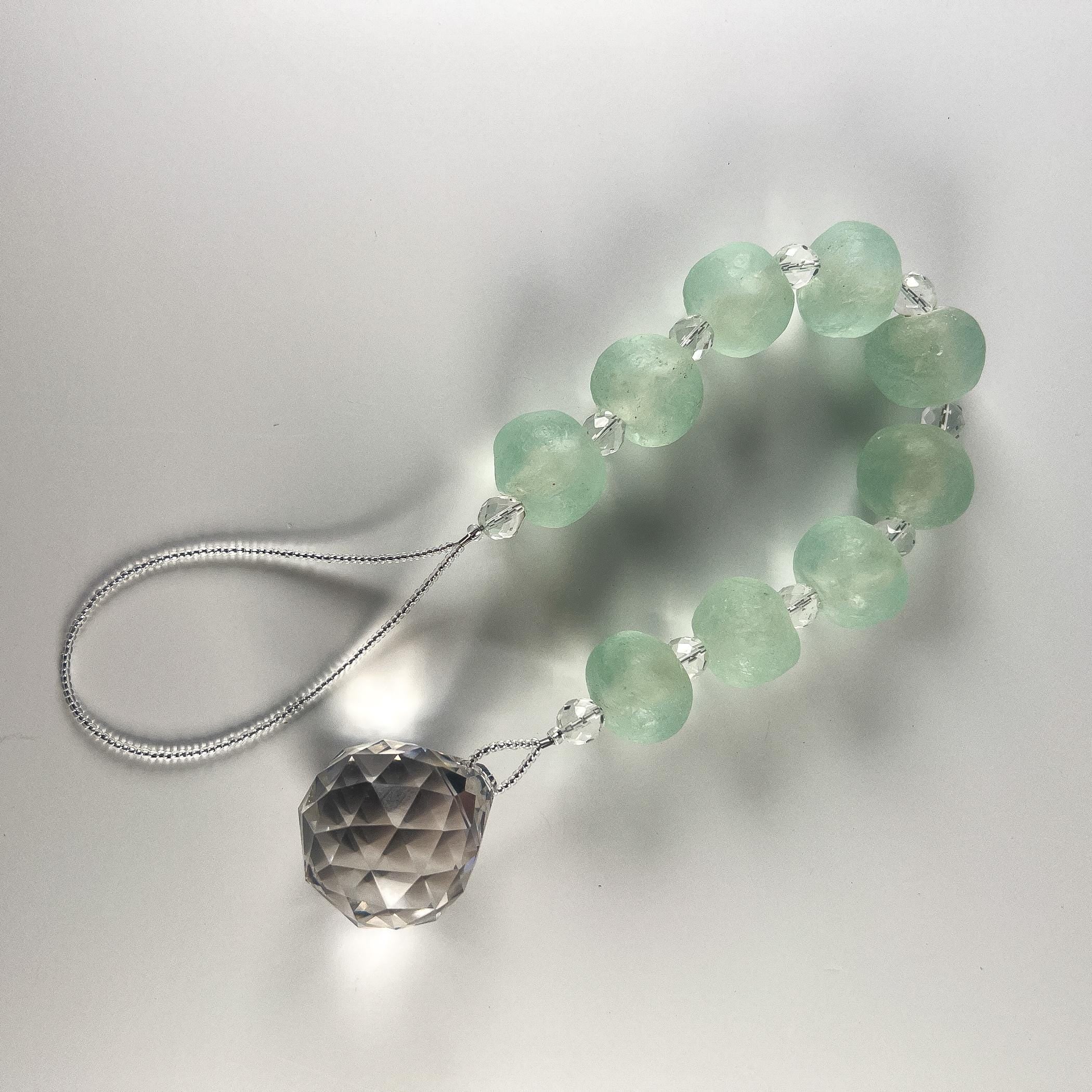 African Bead Sun Catcher with Large Crystal Prism - 17" Long - Window or Outdoor Decoration - Welcome Gift for Home