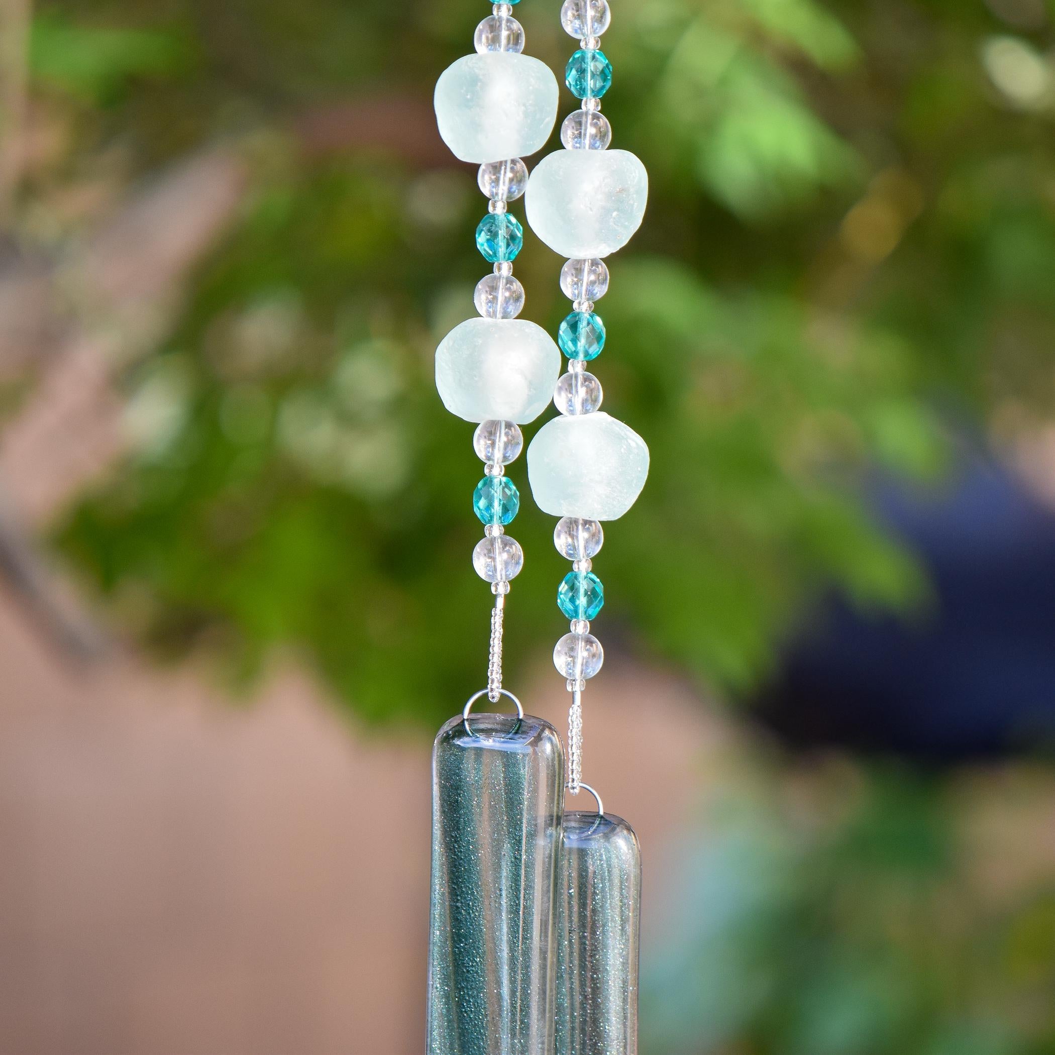 Sparkling Teal Glass Sun Chime with Ghana Africa Beads - Hanging Garden Decor