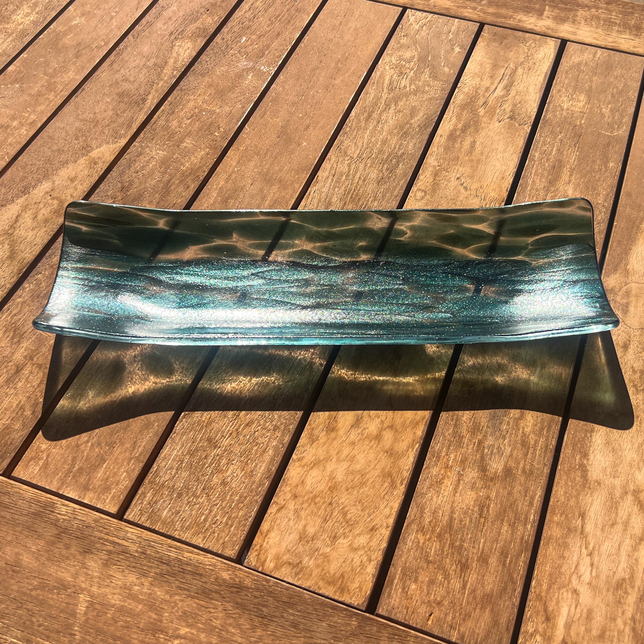 Unique Sparkling Green Glass Serving Tray with Channel Design - Home Entertaining Essential