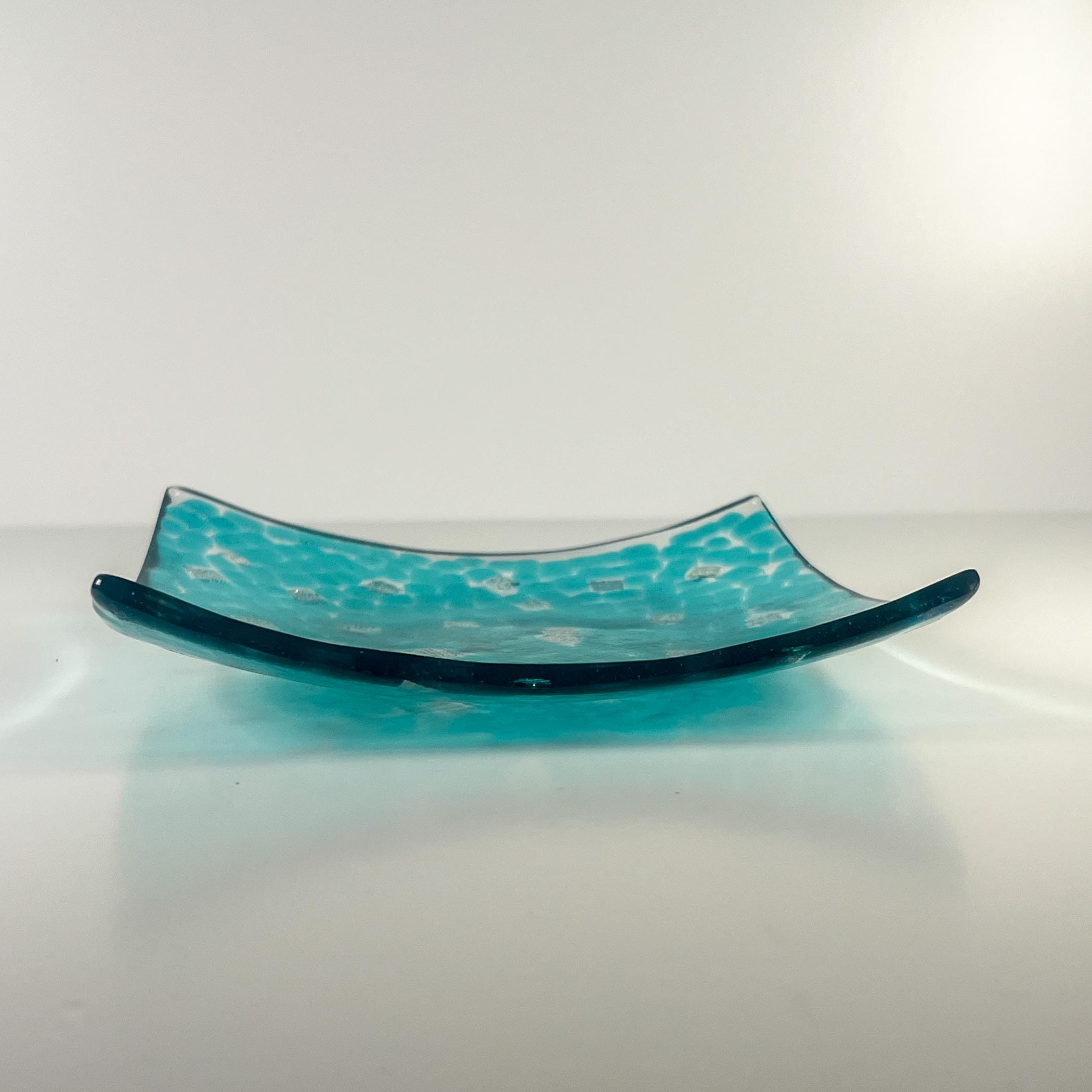 Caribbean Blue Square Glass Tray with Dichroic Accents - Gift for Home as Trinket Tray, Soap Dish or Colorful Decor - 6"