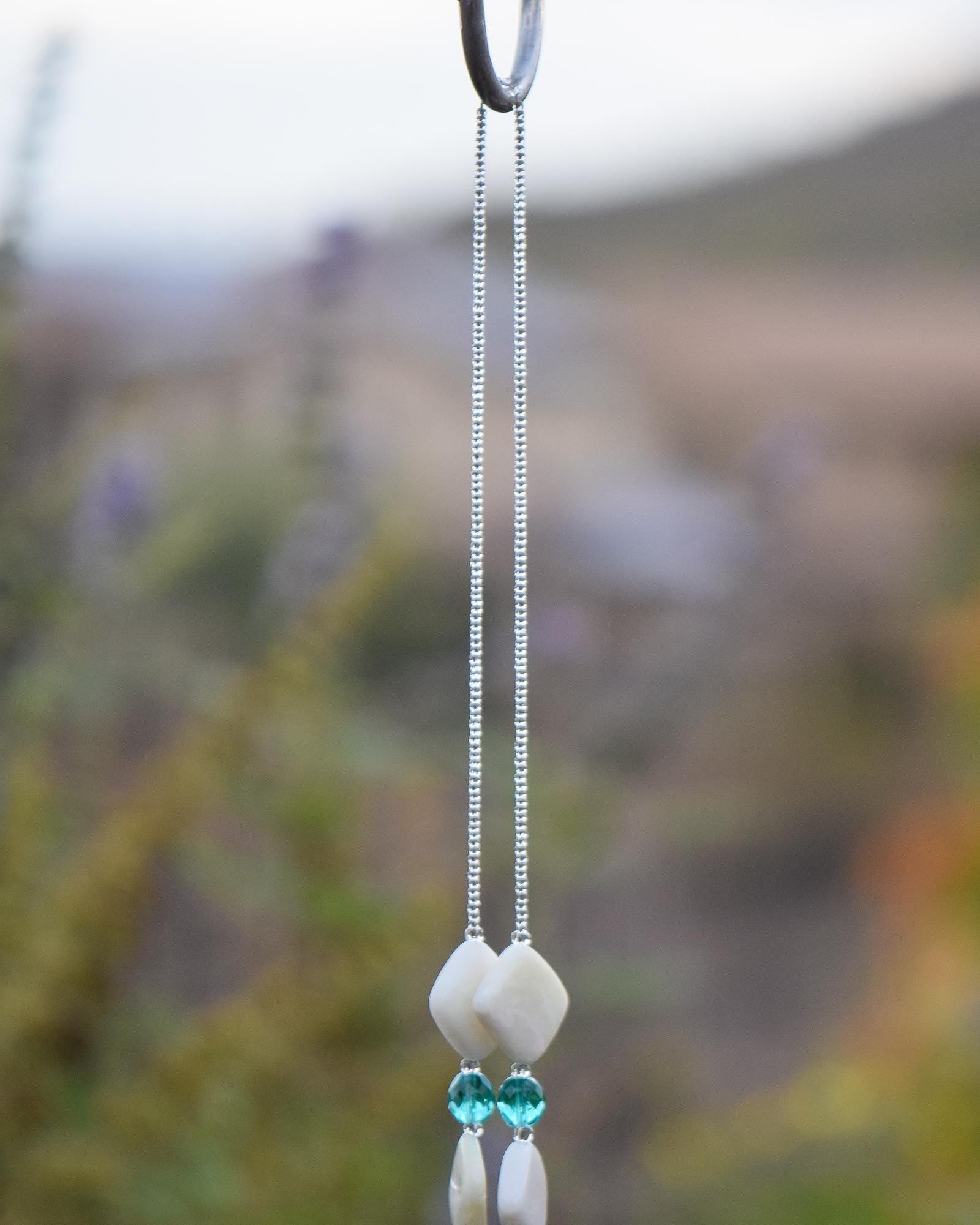 Long Glass and Stone Wind Chime: New Jade Stone and Caribbean Blue Fused Glass, 31" Long