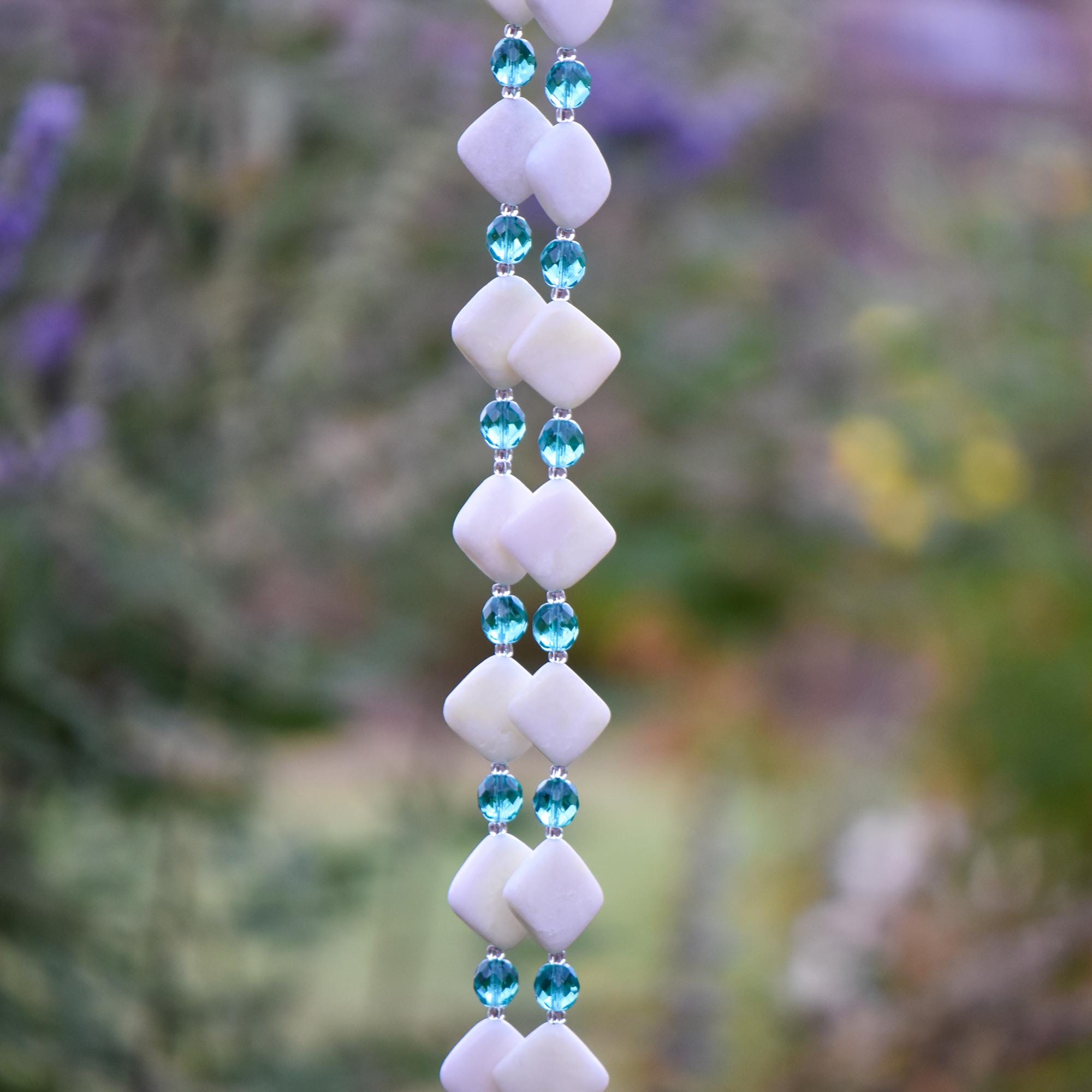 Long Glass and Stone Wind Chime: New Jade Stone and Caribbean Blue Fused Glass, 31" Long