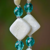 Long Glass and Stone Wind Chime: New Jade Stone and Caribbean Blue Fused Glass, 31" Long