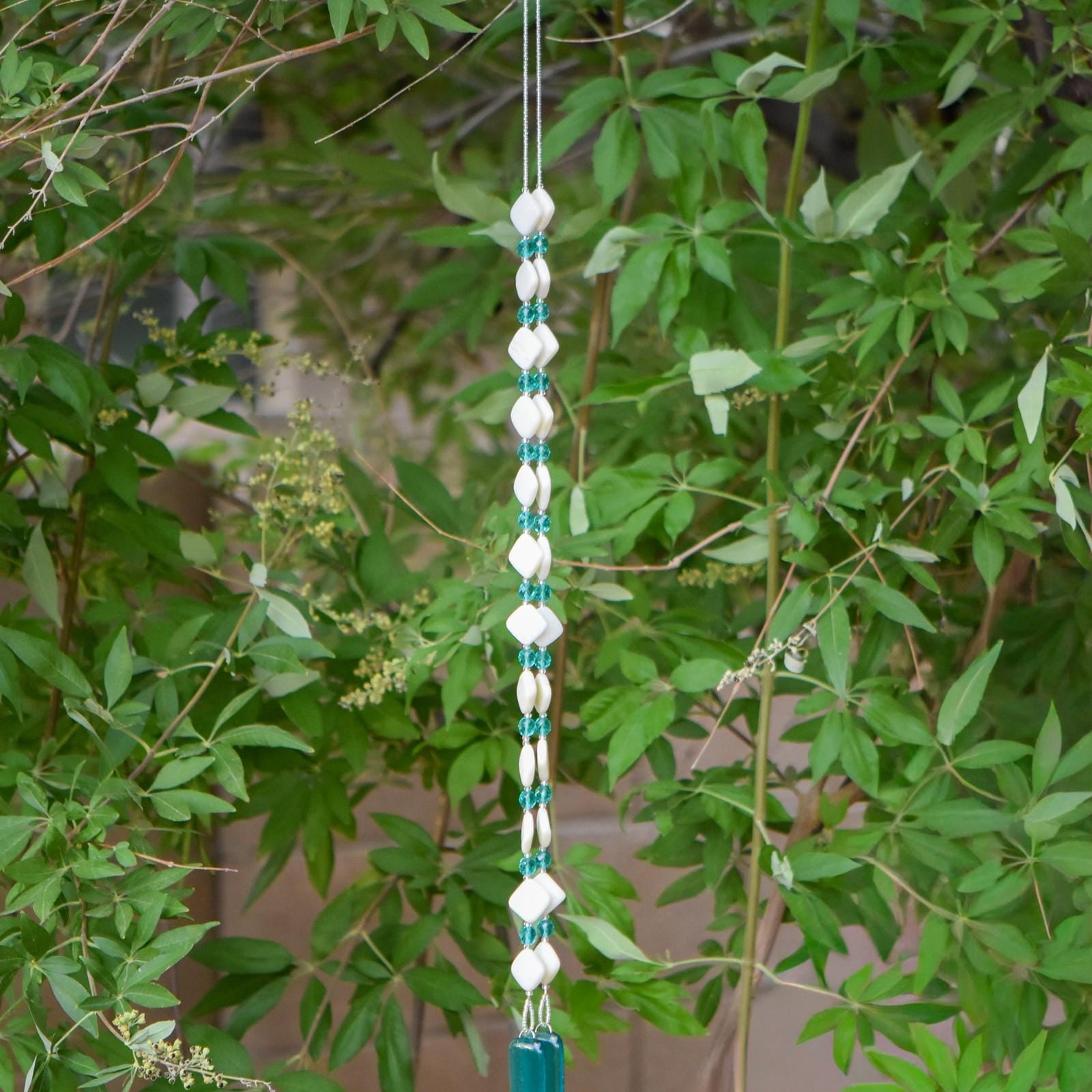 Long Glass and Stone Wind Chime: New Jade Stone and Caribbean Blue Fused Glass, 31" Long